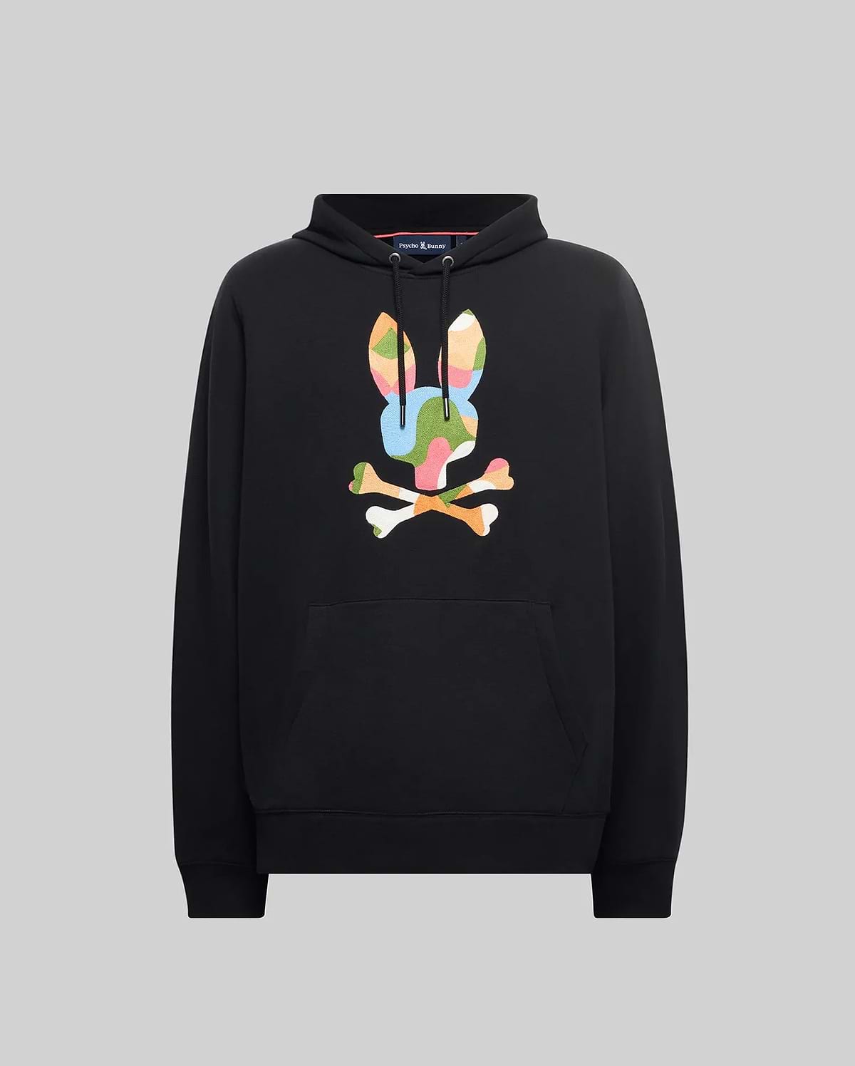 Black Mens Ara Hoodie with a large, vibrant multi-color graphic Psycho Bunny skull logo on the center chest, featuring a drawstring hood and kangaroo pocket, crafted from soft French terry for a classic fit.