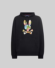 Black Mens Ara Hoodie with a large, vibrant multi-color graphic Psycho Bunny skull logo on the center chest, featuring a drawstring hood and kangaroo pocket, crafted from soft French terry for a classic fit.