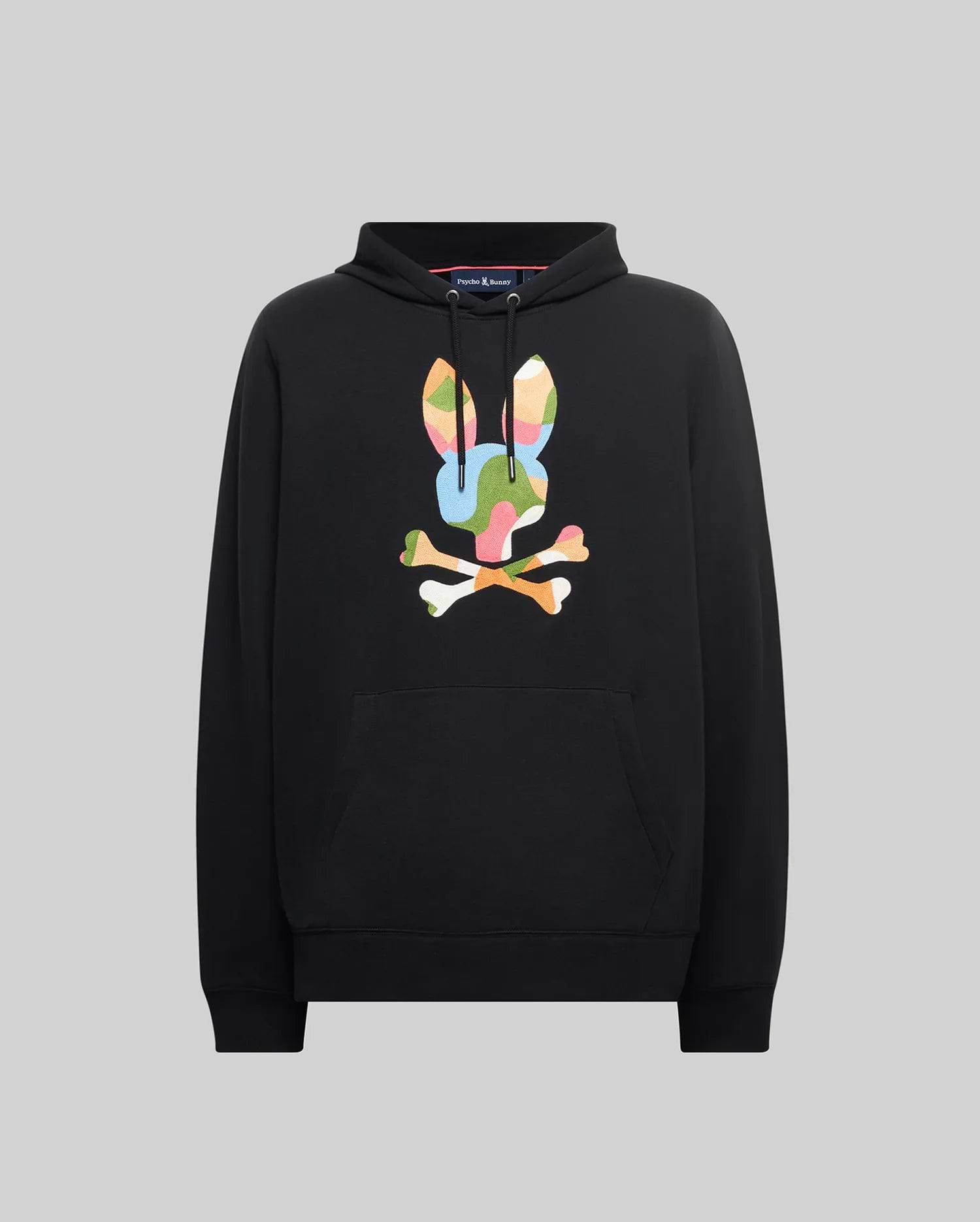 Black Mens Ara Hoodie with a large, vibrant multi-color graphic Psycho Bunny skull logo on the center chest, featuring a drawstring hood and kangaroo pocket, crafted from soft French terry for a classic fit.