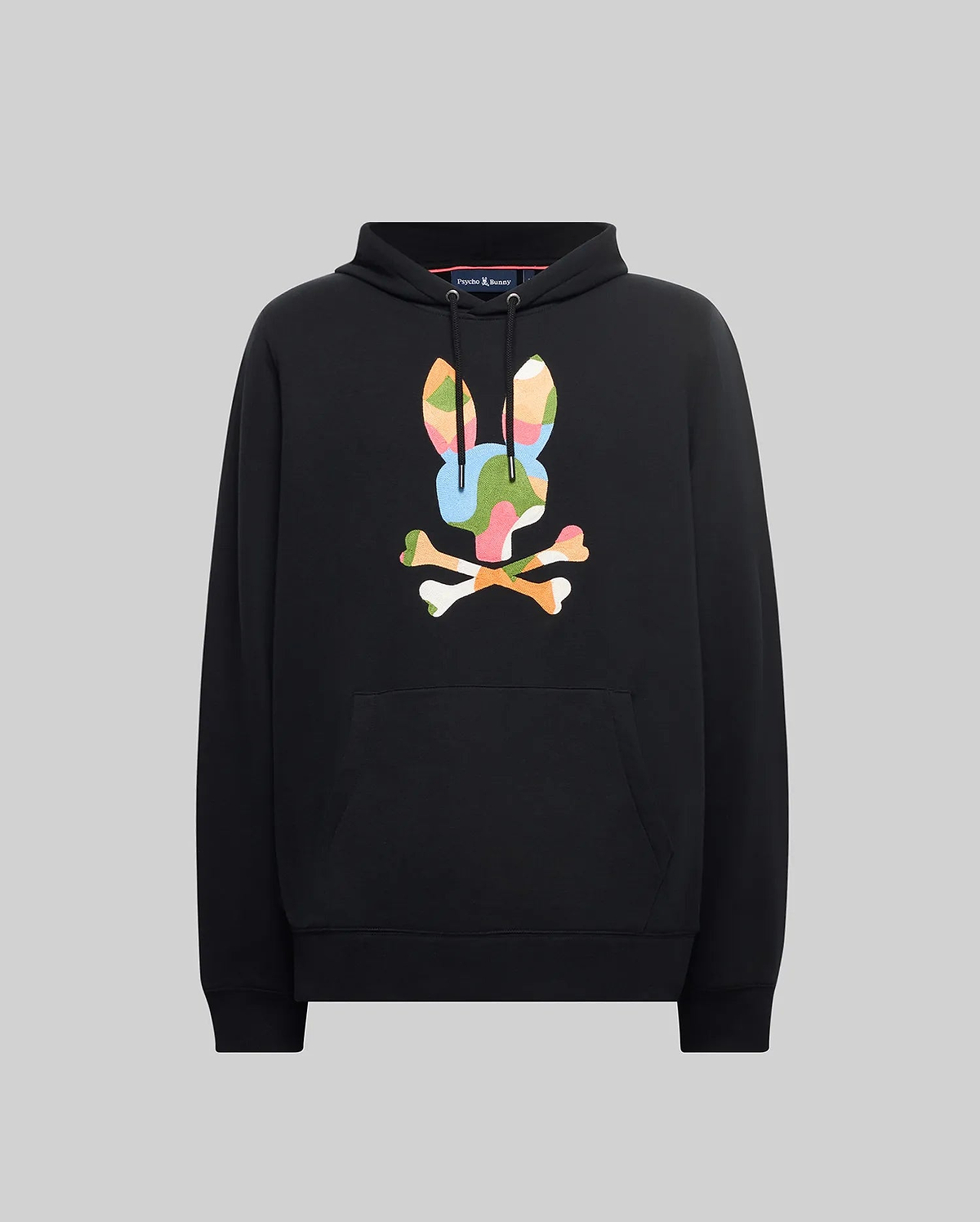 Black Mens Ara Hoodie with a large, vibrant multi-color graphic Psycho Bunny skull logo on the center chest, featuring a drawstring hood and kangaroo pocket, crafted from soft French terry for a classic fit.