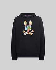 Black Mens Ara Hoodie with a large, vibrant multi-color graphic Psycho Bunny skull logo on the center chest, featuring a drawstring hood and kangaroo pocket, crafted from soft French terry for a classic fit.