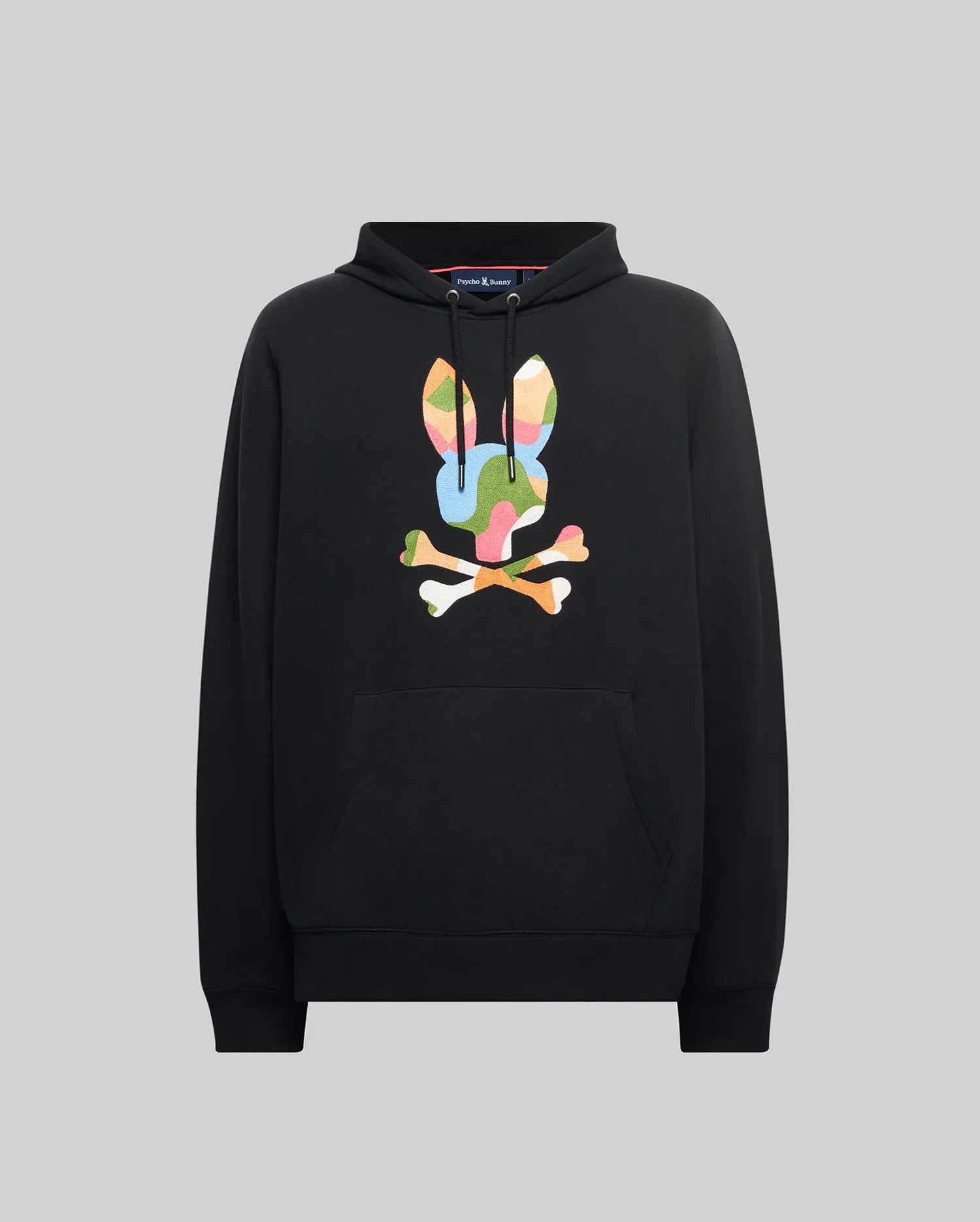 Black Mens Ara Hoodie with a large, vibrant multi-color graphic Psycho Bunny skull logo on the center chest, featuring a drawstring hood and kangaroo pocket, crafted from soft French terry for a classic fit.