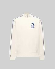 Mens Toby 1/4 Zip in cream French terry, relaxed fit, with blue vertical sleeve piping, a kangaroo pocket with orange tag, and an embroidered blue Psycho Bunny logo on the left chest.