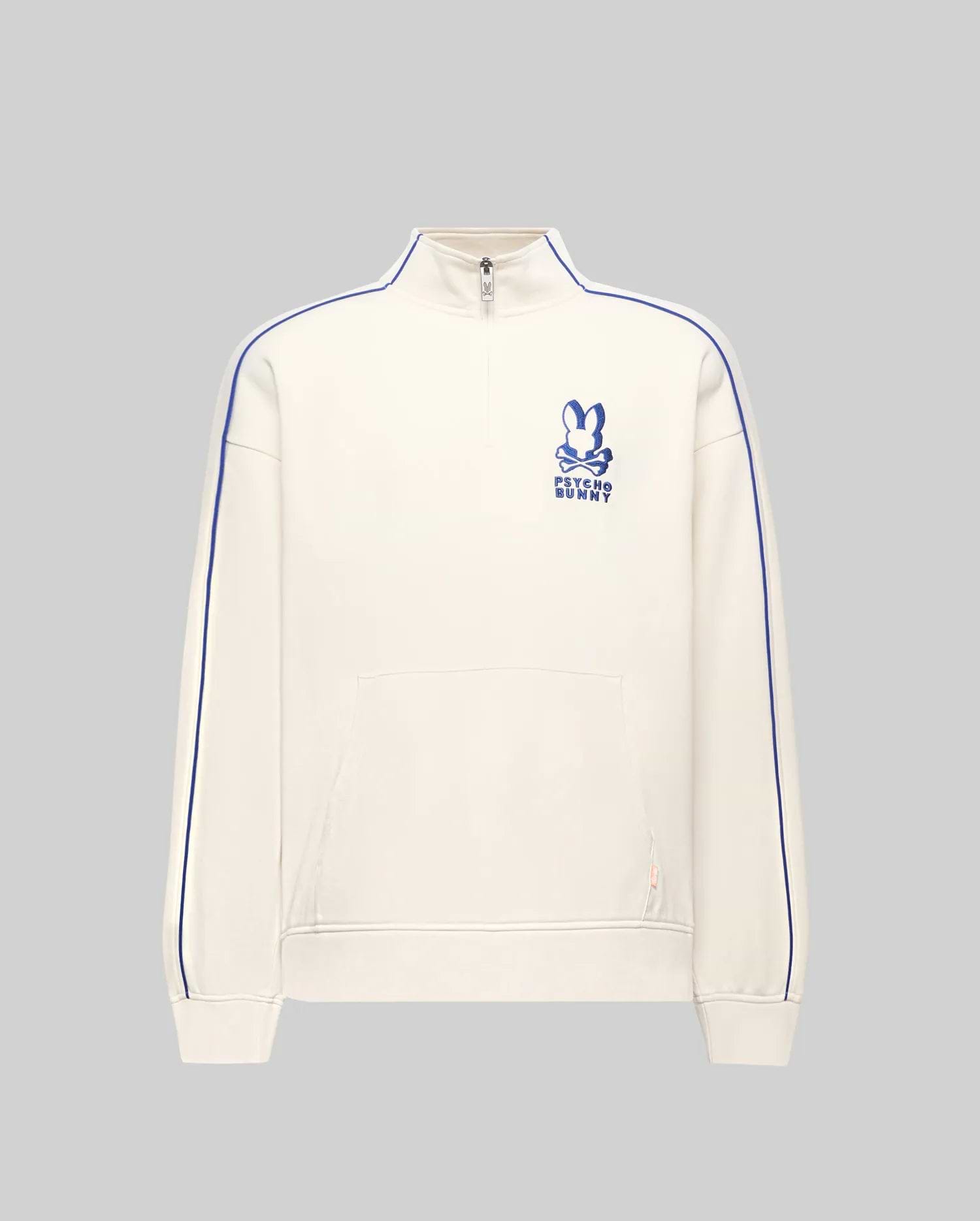 Mens Toby 1/4 Zip in cream French terry, relaxed fit, with blue vertical sleeve piping, a kangaroo pocket with orange tag, and an embroidered blue Psycho Bunny logo on the left chest.
