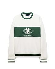 Mens Mike French Terry Crew, a relaxed white sweatshirt with a bold green chest stripe, featuring a large white Psycho Bunny skull globe graphic and text. Ribbed crewneck, cuffs, and hem have green double stripes. (5)