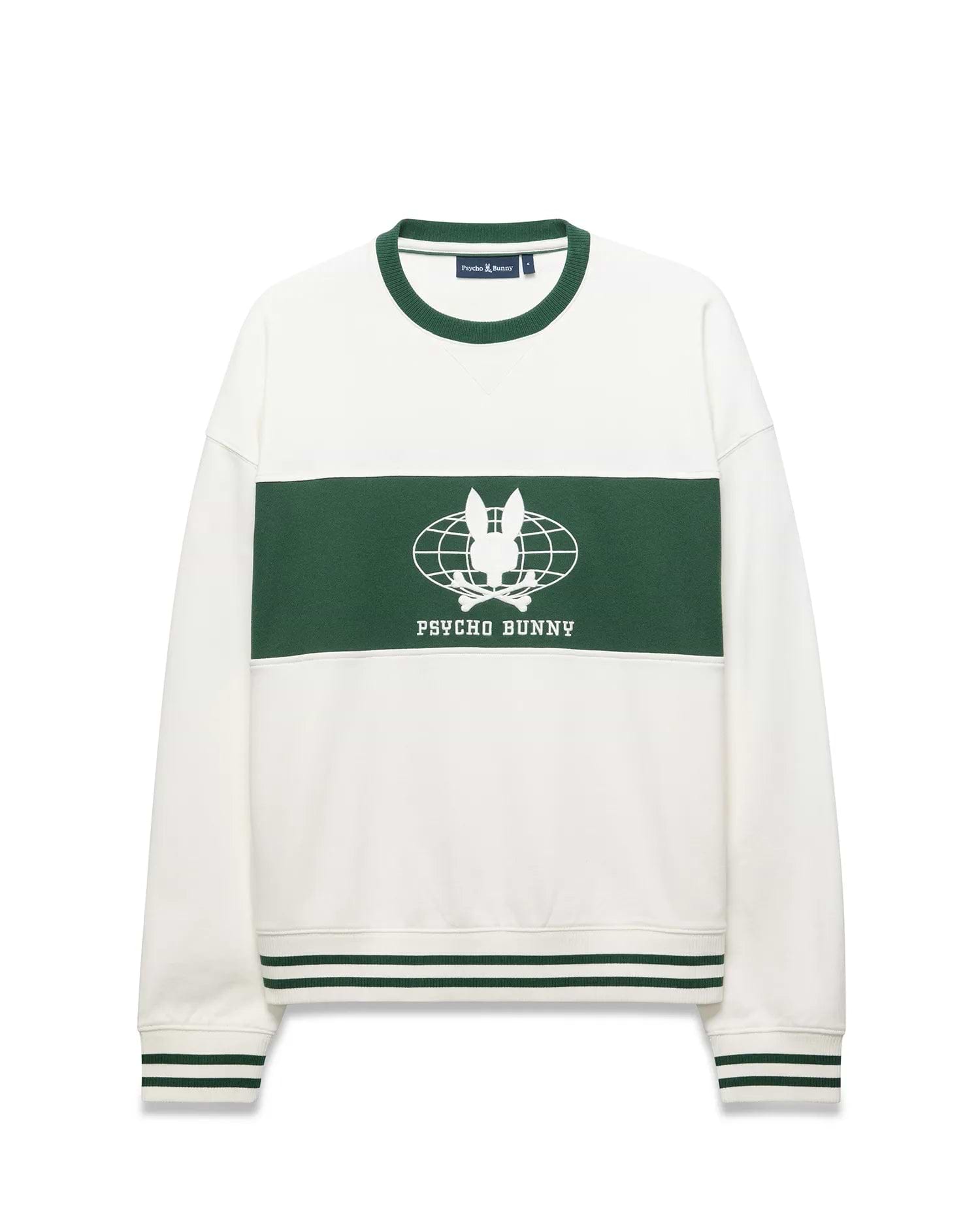 Mens Mike French Terry Crew, a relaxed white sweatshirt with a bold green chest stripe, featuring a large white Psycho Bunny skull globe graphic and text. Ribbed crewneck, cuffs, and hem have green double stripes. (5)