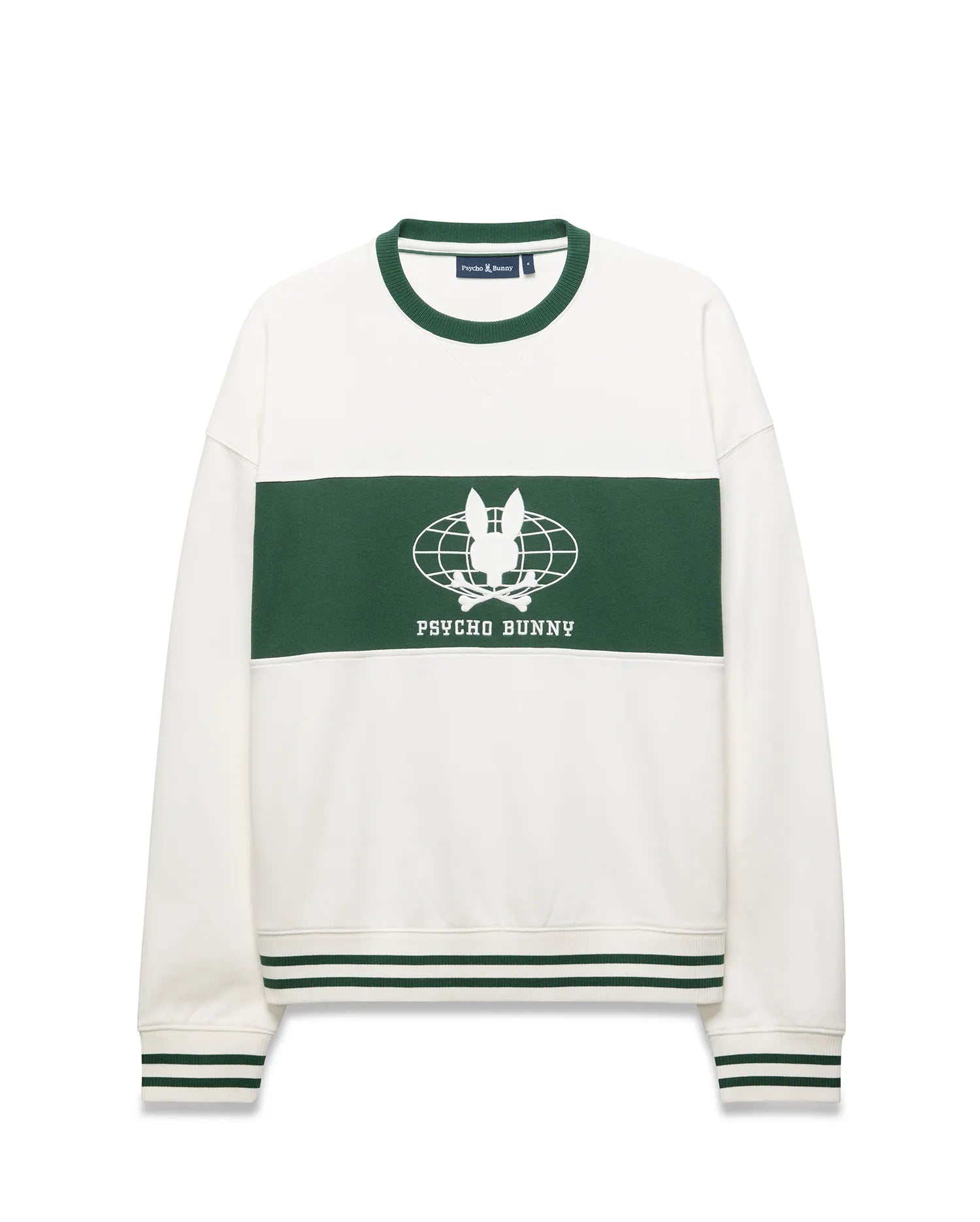 Mens Mike French Terry Crew, a relaxed white sweatshirt with a bold green chest stripe, featuring a large white Psycho Bunny skull globe graphic and text. Ribbed crewneck, cuffs, and hem have green double stripes. (5)