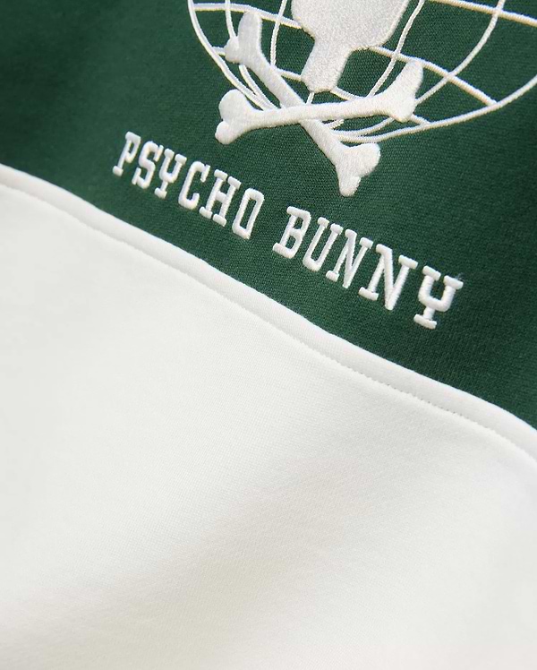 Mens Mike French Terry Crew in dark green and white color-block, featuring a large embroidered white Psycho Bunny skull and crossbones globe logo with PSYCHO BUNNY text. (6)