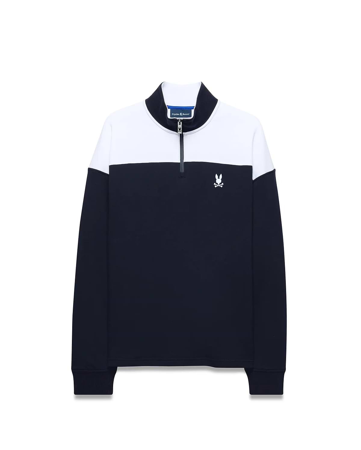 Mens Gabe French Terry 1/4 Zip pullover in navy blue and white color block, featuring a classic fit, soft French terry fabric, and a small embroidered white Psycho Bunny skull logo on the left chest. (5)