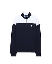 Mens Gabe French Terry 1/4 Zip pullover in navy blue and white color block, featuring a classic fit, soft French terry fabric, and a small embroidered white Psycho Bunny skull logo on the left chest. (5)