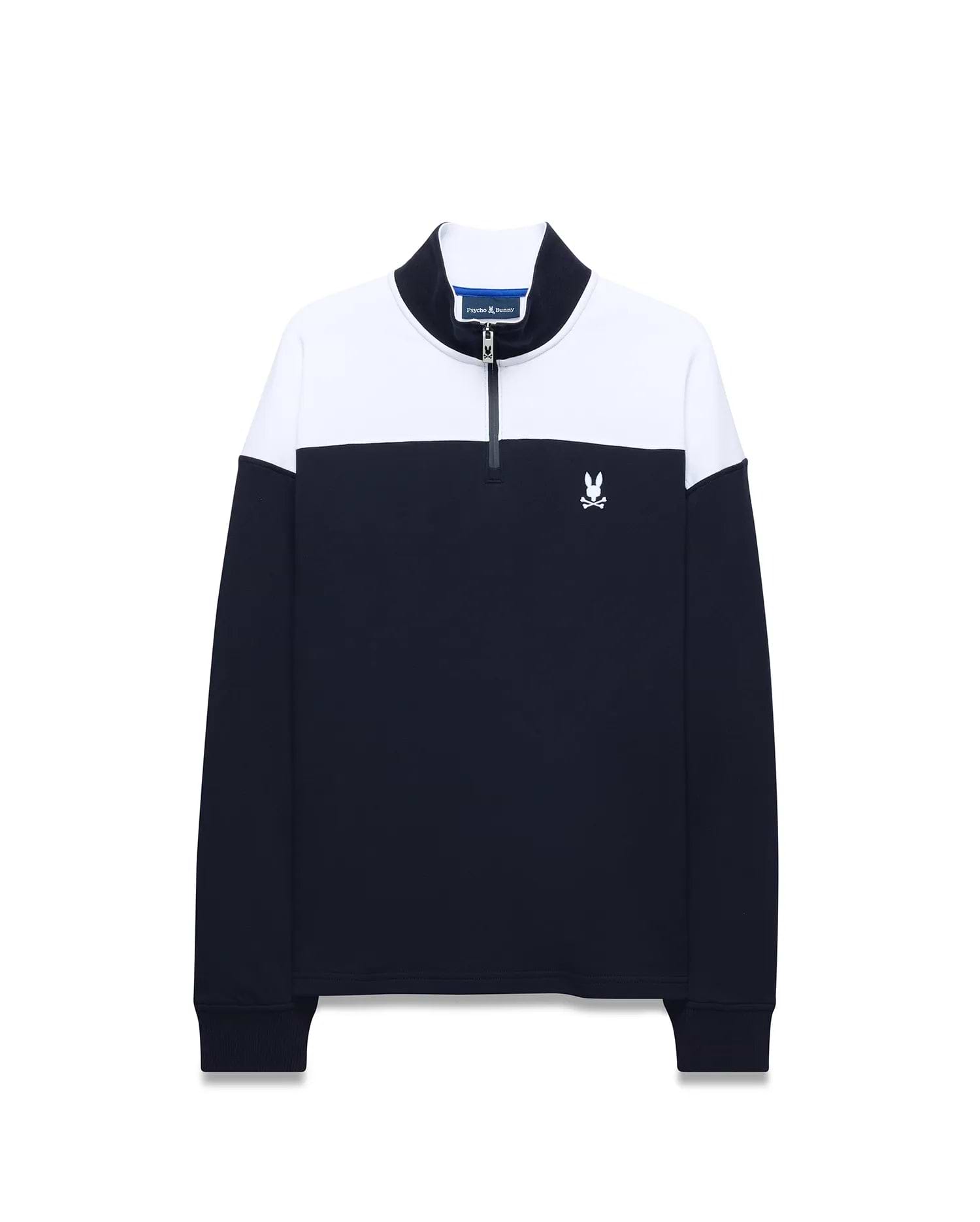 Mens Gabe French Terry 1/4 Zip pullover in navy blue and white color block, featuring a classic fit, soft French terry fabric, and a small embroidered white Psycho Bunny skull logo on the left chest. (5)