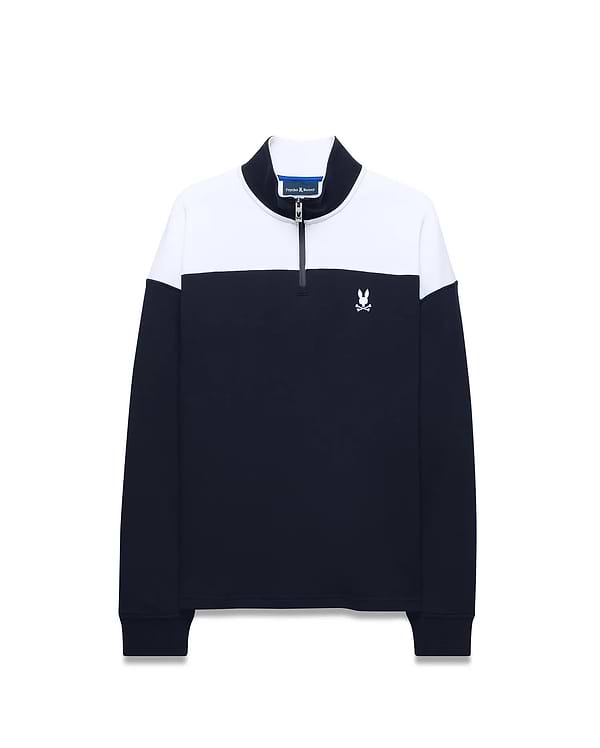 Mens Gabe French Terry 1/4 Zip pullover in navy blue and white color block, featuring a classic fit, soft French terry fabric, and a small embroidered white Psycho Bunny skull logo on the left chest. (5)