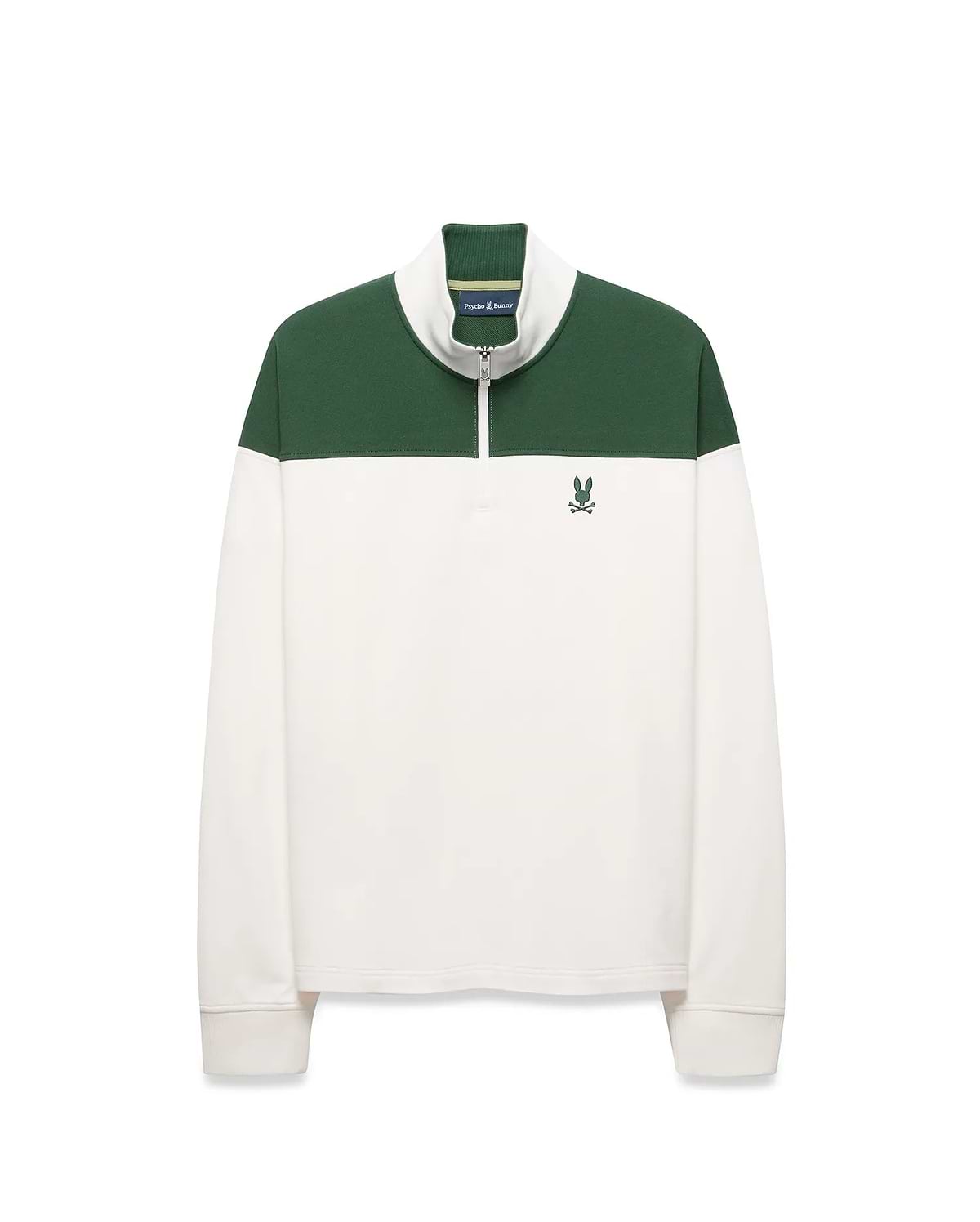 Mens Gabe French Terry 1/4 Zip in a classic fit, featuring a white body with a green color block upper and collar, a silver 1/4 zip, and a small embroidered green Psycho Bunny skull logo on the left chest. (6)