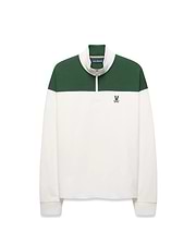 Mens Gabe French Terry 1/4 Zip in a classic fit, featuring a white body with a green color block upper and collar, a silver 1/4 zip, and a small embroidered green Psycho Bunny skull logo on the left chest. (6)
