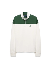 Mens Gabe French Terry 1/4 Zip in a classic fit, featuring a white body with a green color block upper and collar, a silver 1/4 zip, and a small embroidered green Psycho Bunny skull logo on the left chest. (6)