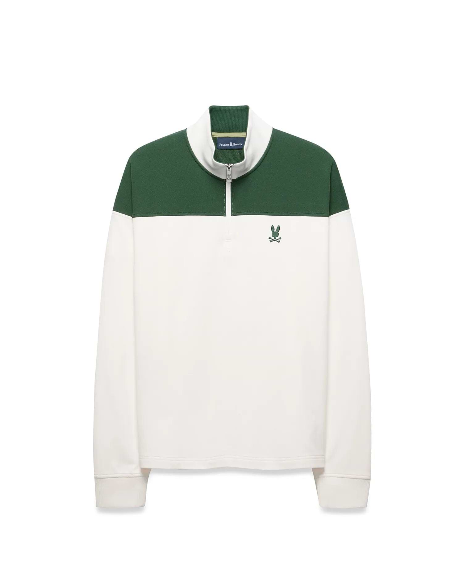 Mens Gabe French Terry 1/4 Zip in a classic fit, featuring a white body with a green color block upper and collar, a silver 1/4 zip, and a small embroidered green Psycho Bunny skull logo on the left chest. (6)