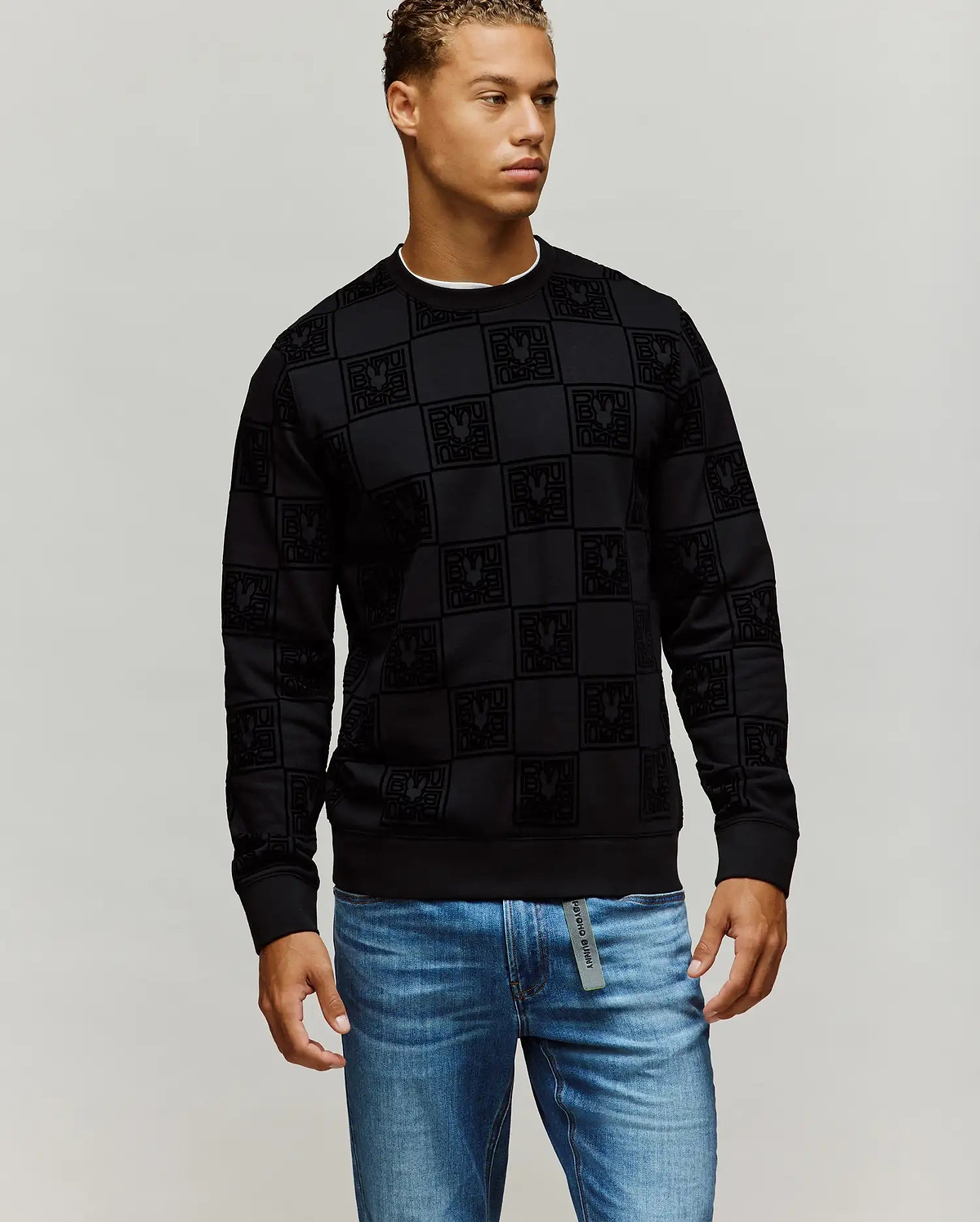 メンズウェア #FR2GOLF Black Watch Rabbit Sweatshirt Men's Gio All Over Flock Crew in Black | Psycho Bunny