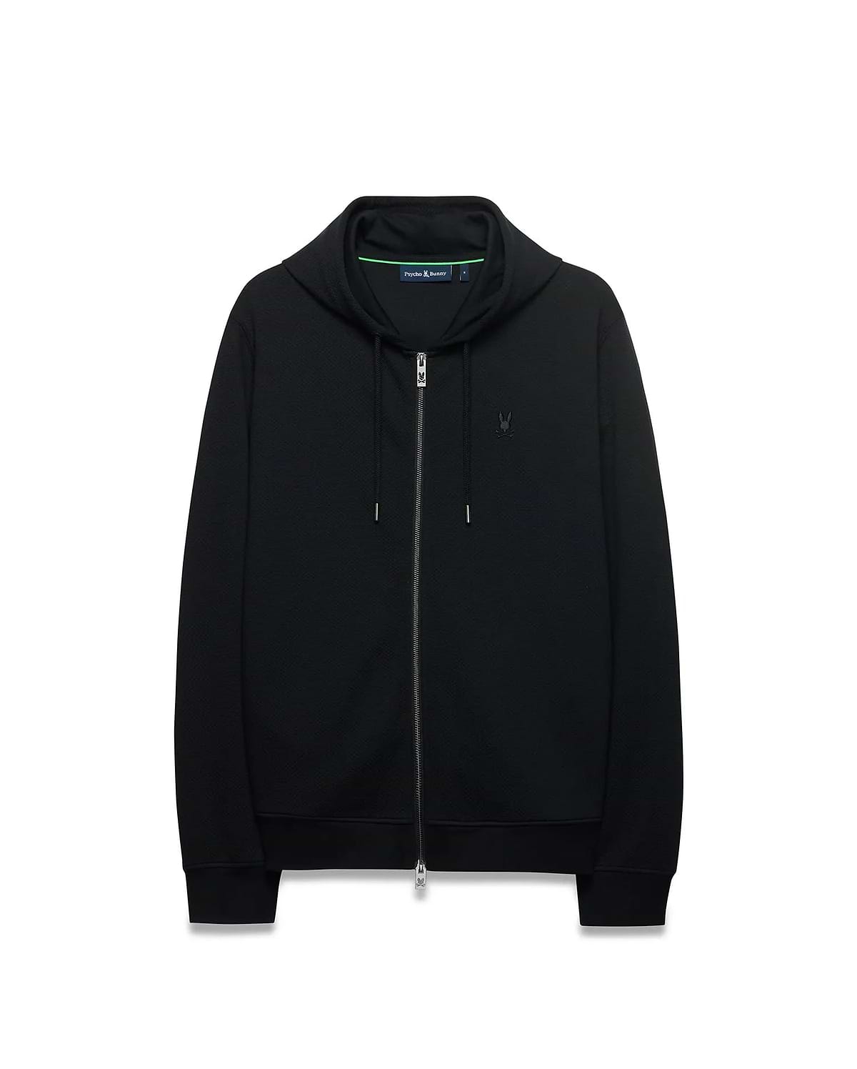 Mens Marc Textured Full Zip Hoodie in black, featuring a classic fit, textured diamond knit fabric, full zip, drawstring hood, small embroidered Psycho Bunny skull logo on left chest, and neon green collar trim. (2)