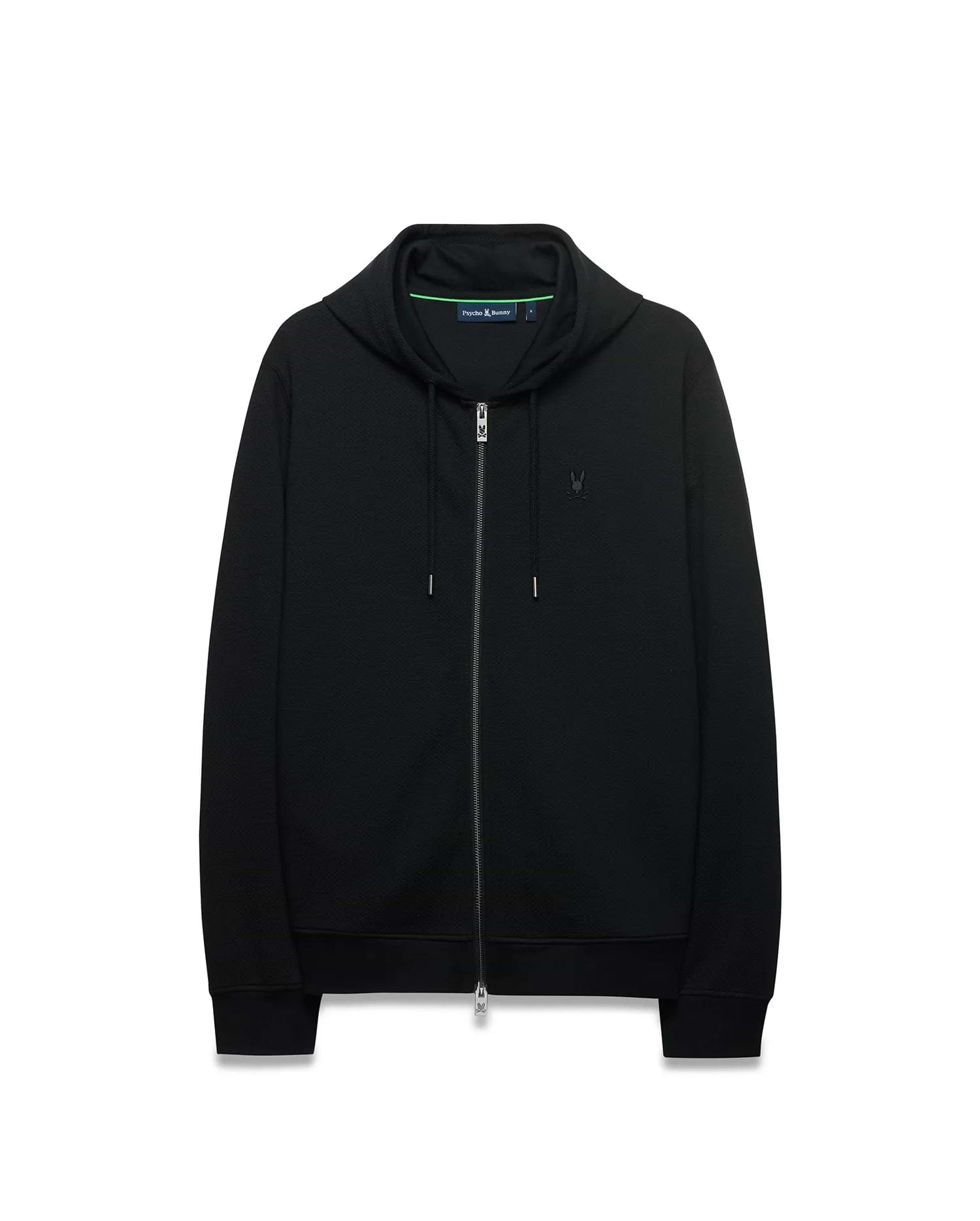Mens Marc Textured Full Zip Hoodie in black, featuring a classic fit, textured diamond knit fabric, full zip, drawstring hood, small embroidered Psycho Bunny skull logo on left chest, and neon green collar trim. (2)