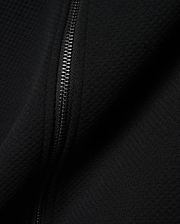 Mens Marc Textured Full Zip Hoodie in deep black, showcasing its refined waffle knit fabric texture and a sleek, dark metallic full-length zipper detail. (3)