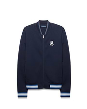 Mens Jaydon Track Jacket in navy, featuring a classic fit, smooth jersey fabric, embroidered white Psycho Bunny skull logo on the left chest, and striped ribbed collar, cuffs, and hem in white and blue. (5)