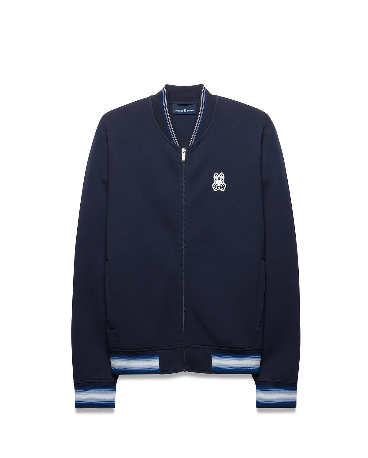 Mens Jaydon Track Jacket in navy, featuring a classic fit, smooth jersey fabric, embroidered white Psycho Bunny skull logo on the left chest, and striped ribbed collar, cuffs, and hem in white and blue. (5)