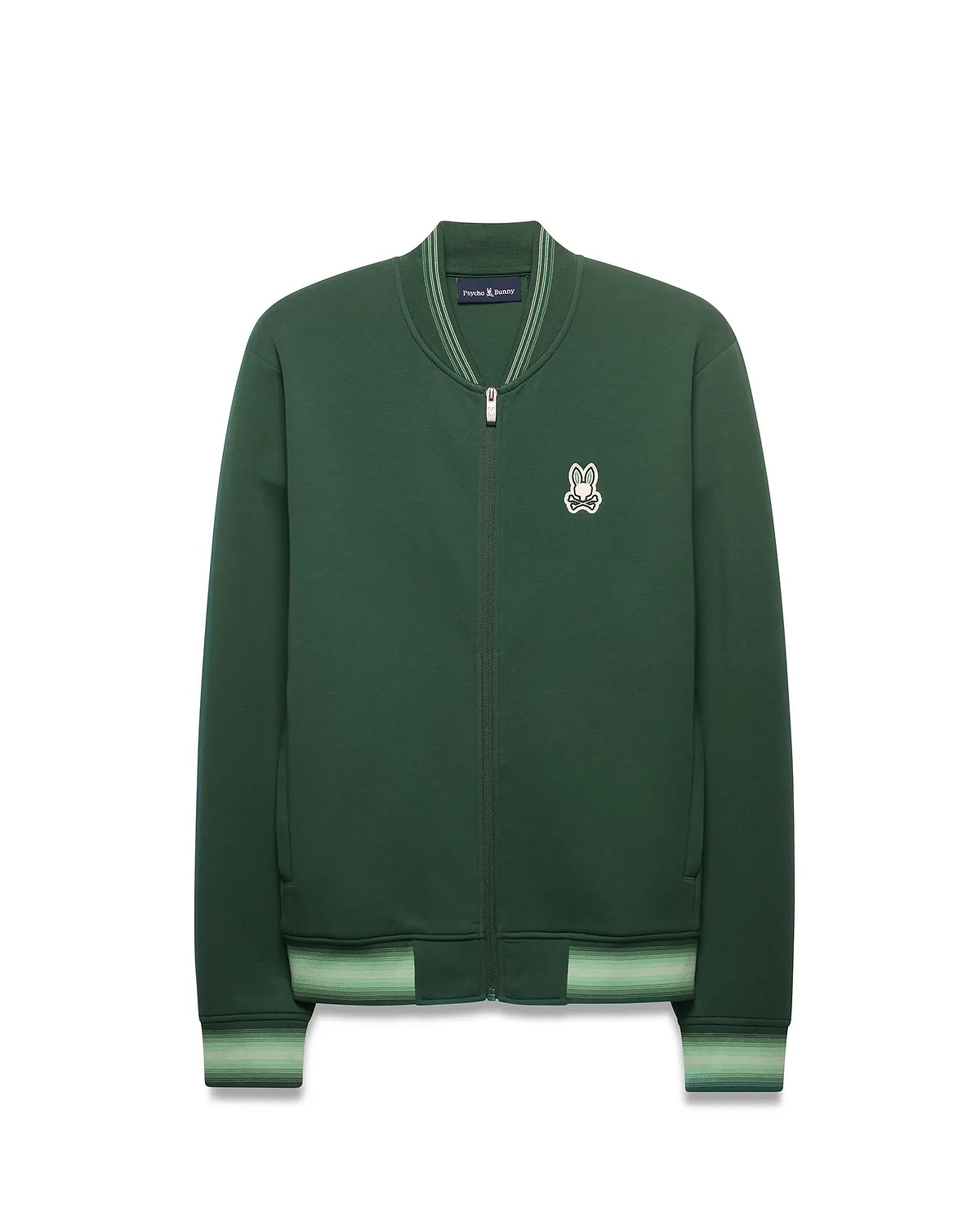 Mens Jaydon Track Jacket in forest green, featuring a full-zip closure, classic fit, smooth knit fabric, and a small embroidered white Psycho Bunny skull logo on the left chest. Ribbed collar and cuffs have light green stripes.