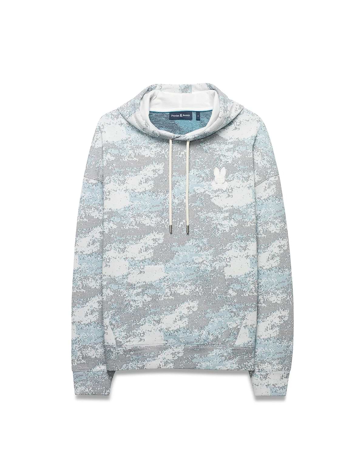 Men's Alfie All-Over Print Hoodie, a relaxed fit light blue, grey, and white digital camouflage print hoodie with a drawstring hood, kangaroo pocket, and small white embroidered Psycho Bunny skull logo on the left chest. (5)