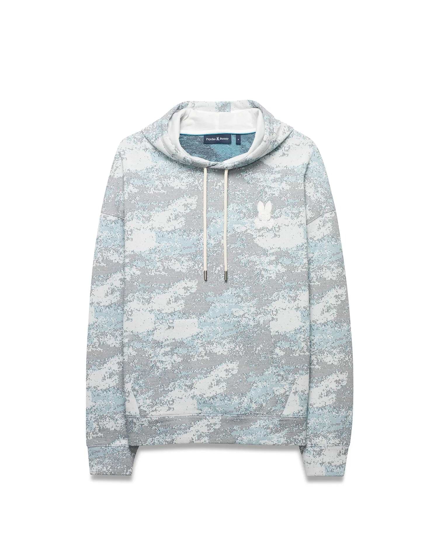 Men's Alfie All-Over Print Hoodie, a relaxed fit light blue, grey, and white digital camouflage print hoodie with a drawstring hood, kangaroo pocket, and small white embroidered Psycho Bunny skull logo on the left chest. (5)