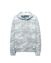 Men's Alfie All-Over Print Hoodie, a relaxed fit light blue, grey, and white digital camouflage print hoodie with a drawstring hood, kangaroo pocket, and small white embroidered Psycho Bunny skull logo on the left chest. (5)
