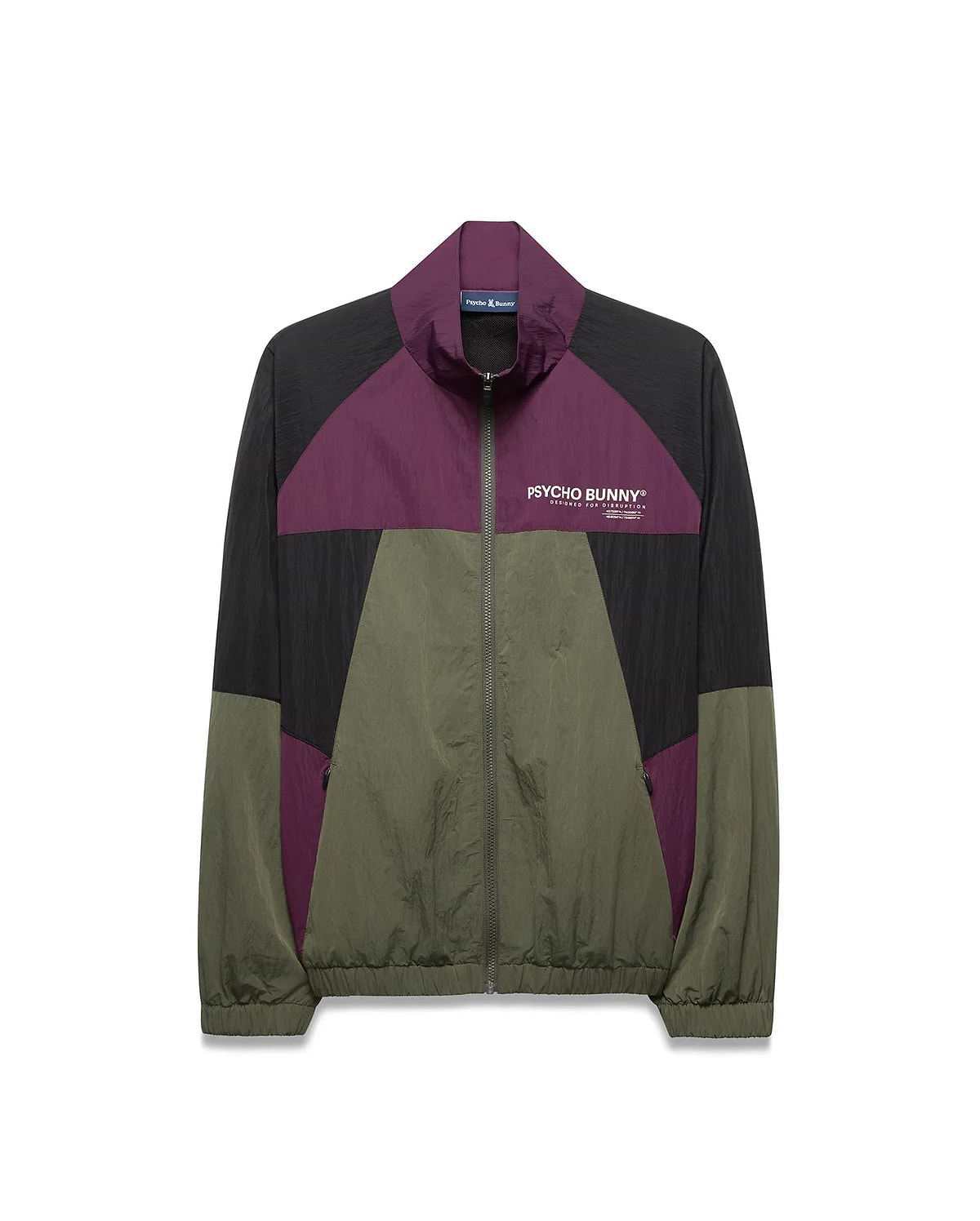 Mens Alder Nylon Colorblock Jacket, a relaxed fit full-zip crinkled nylon jacket in black, purple, and olive green colorblock, with a white Psycho Bunny Designed For Disruption text logo on the left chest.
