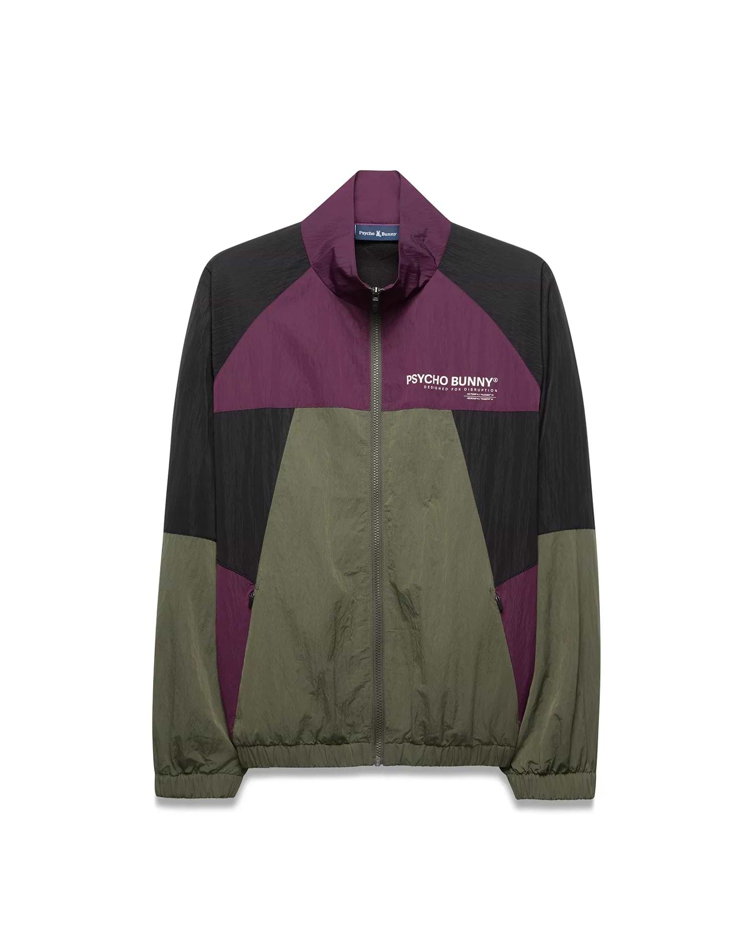 Mens Alder Nylon Colorblock Jacket, a relaxed fit full-zip crinkled nylon jacket in black, purple, and olive green colorblock, with a white Psycho Bunny Designed For Disruption text logo on the left chest.