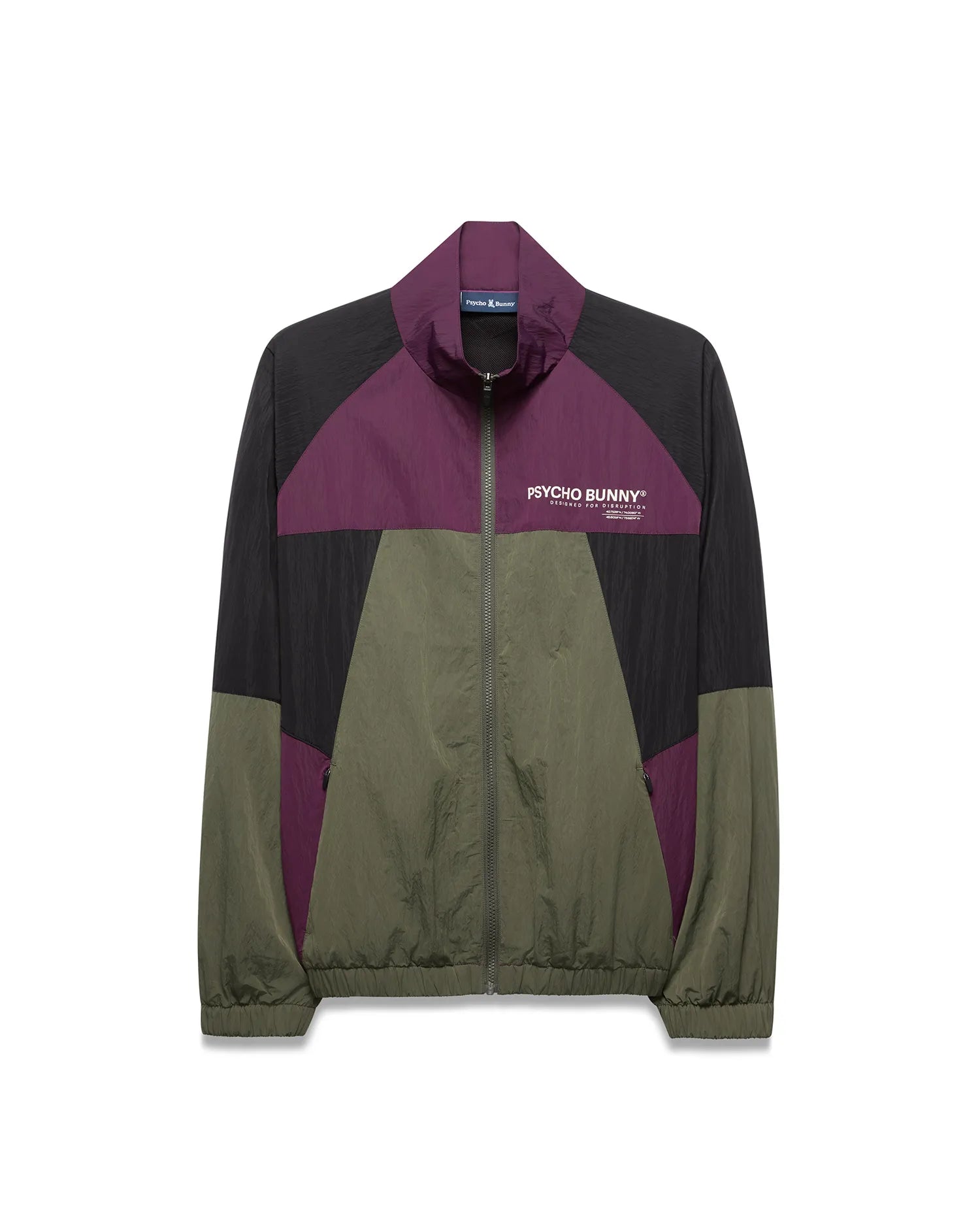 Mens Alder Nylon Colorblock Jacket, a relaxed fit full-zip crinkled nylon jacket in black, purple, and olive green colorblock, with a white Psycho Bunny Designed For Disruption text logo on the left chest.