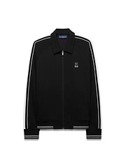 Mens Ceano Track Jacket, black smooth knit with a classic fit, featuring white double stripes on raglan sleeves, ribbed collar, cuffs, and hem, and a small embroidered white Psycho Bunny skull logo on the left chest. (5)