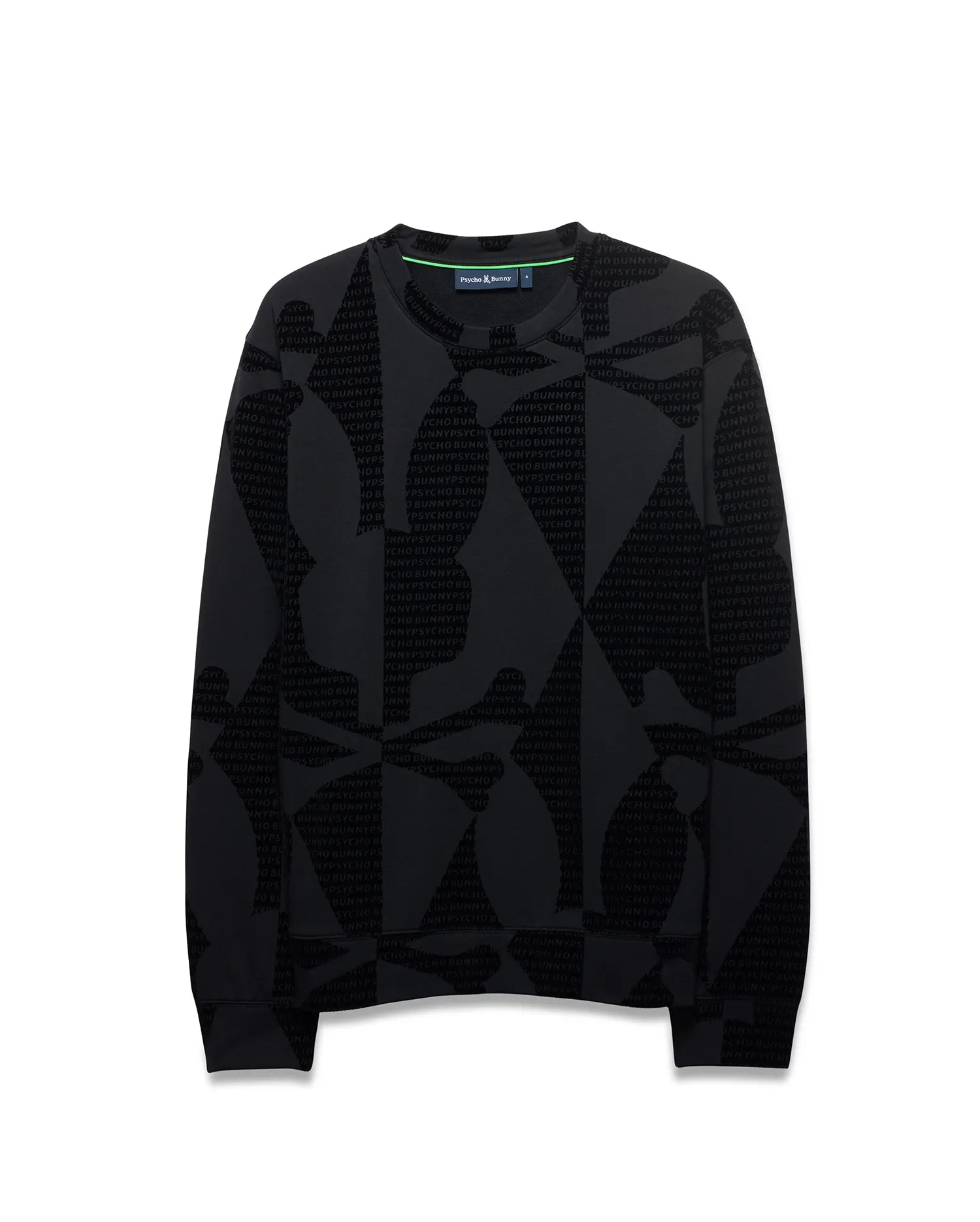 Angus Oversized Crewneck in black jersey, featuring a subtle tonal all-over print of the Psycho Bunny logo and text, with a vibrant green neck tape. (5)
