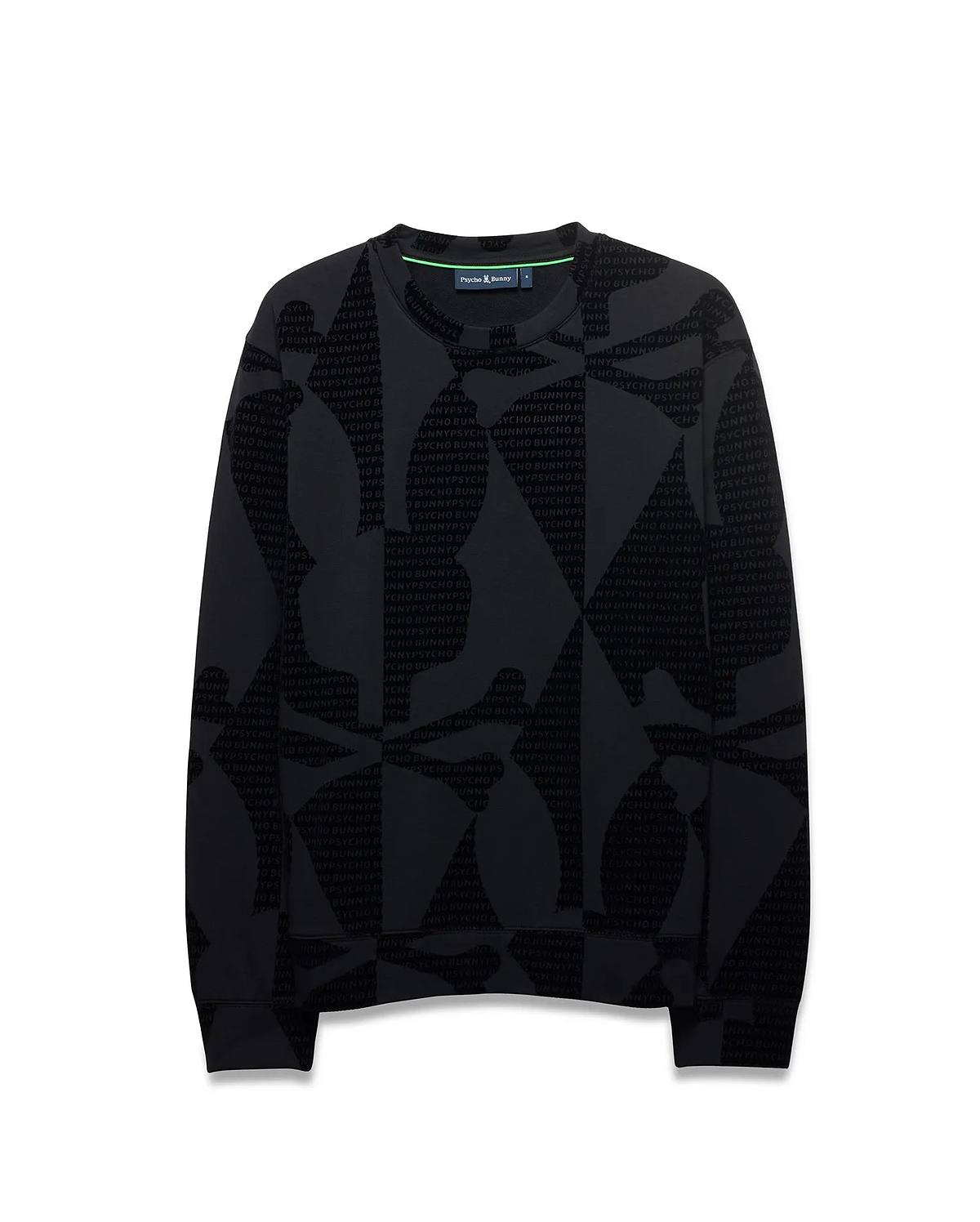 Angus Oversized Crewneck in black jersey, featuring a subtle tonal all-over print of the Psycho Bunny logo and text, with a vibrant green neck tape. (5)