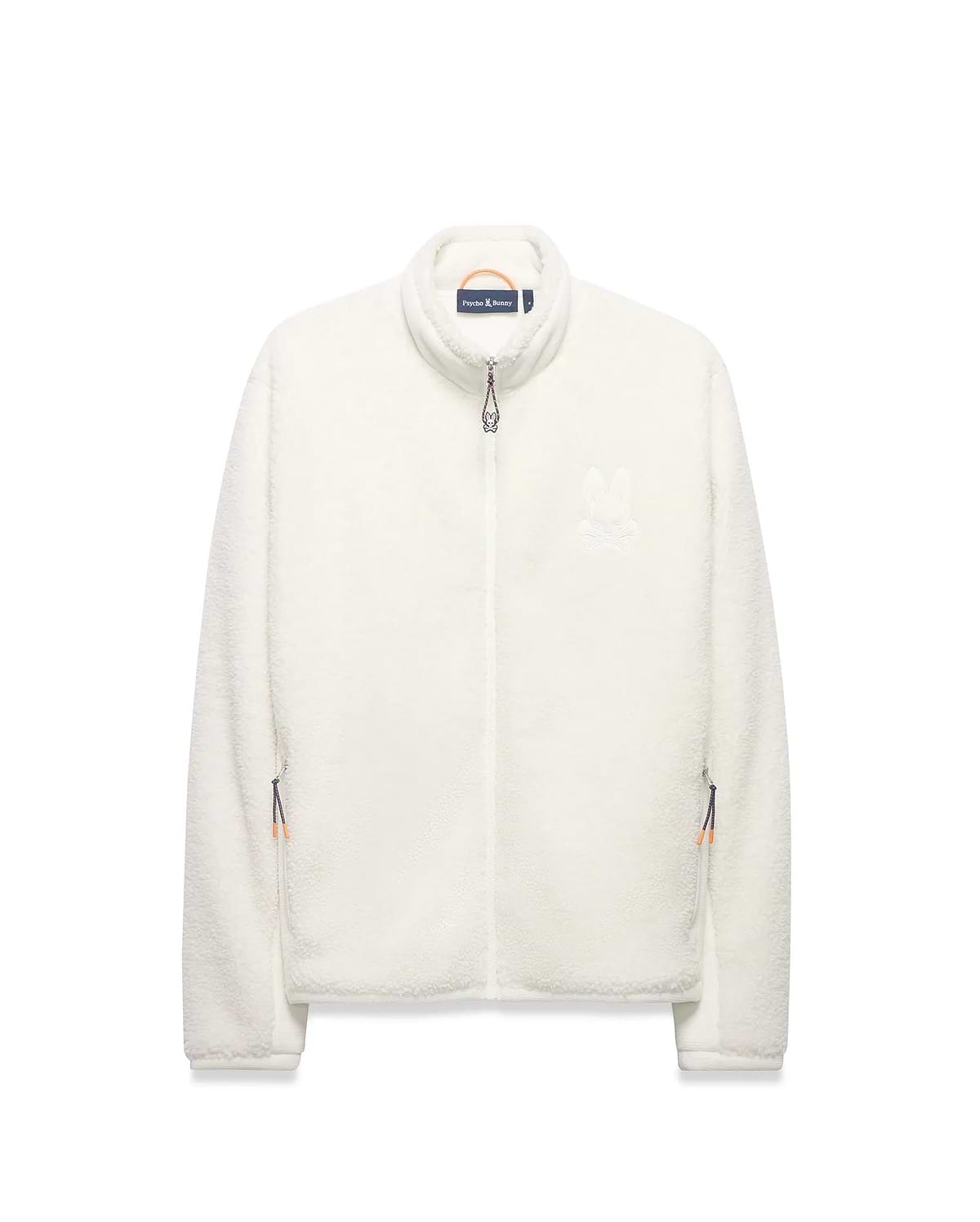 Men's Rowley Sherpa Zip Jacket, a cream-colored full-zip jacket with a soft sherpa texture, features a large embroidered Psycho Bunny skull logo on the left chest and orange/navy accent zipper pulls. (5)
