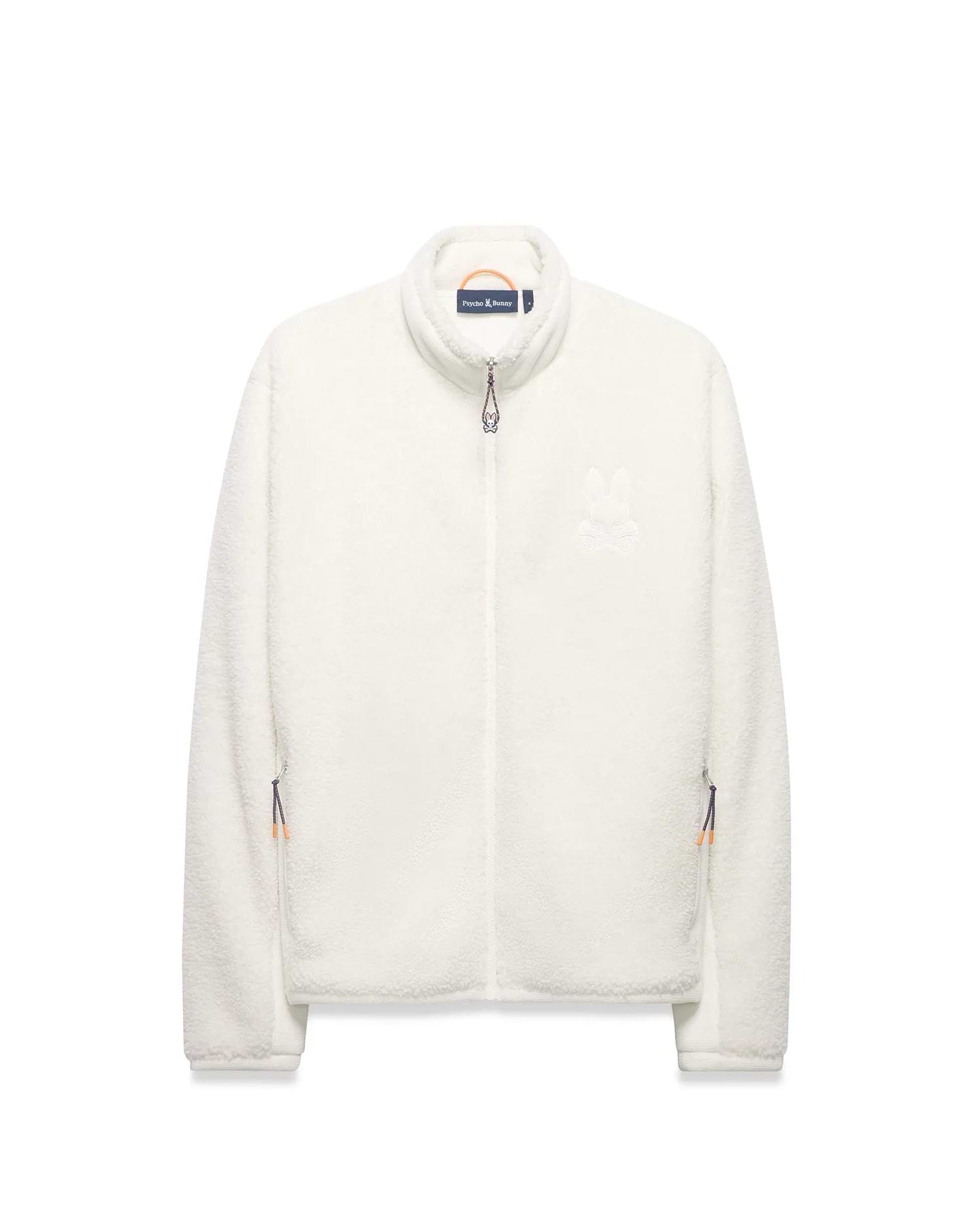 Men's Rowley Sherpa Zip Jacket, a cream-colored full-zip jacket with a soft sherpa texture, features a large embroidered Psycho Bunny skull logo on the left chest and orange/navy accent zipper pulls. (5)
