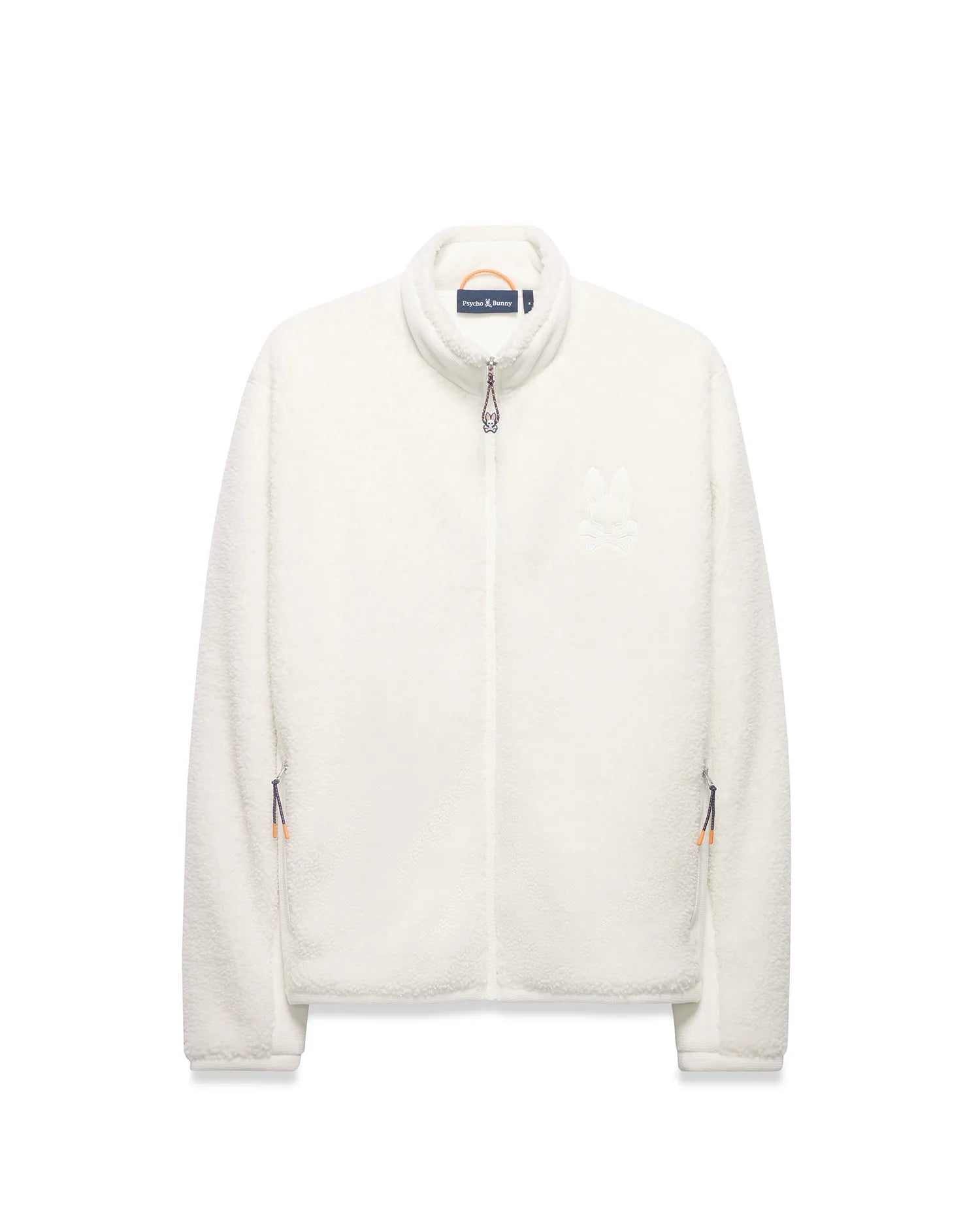 Men's Rowley Sherpa Zip Jacket, a cream-colored full-zip jacket with a soft sherpa texture, features a large embroidered Psycho Bunny skull logo on the left chest and orange/navy accent zipper pulls. (5)