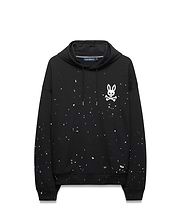 Mens Malcom Splatter Hoodie, black relaxed fit French terry hoodie with a vibrant teal, white, and dark blue splatter print, featuring a large white Psycho Bunny skull logo on the left chest and drawstring hood.