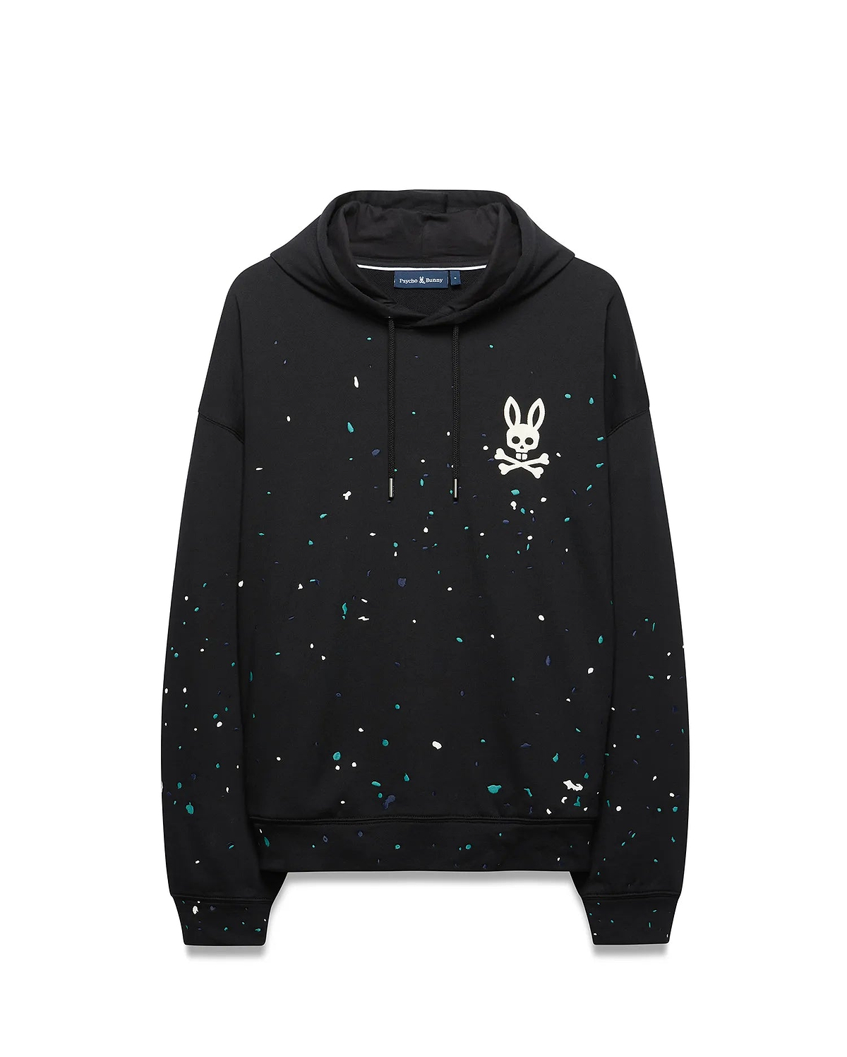 Mens Malcom Splatter Hoodie, black relaxed fit French terry hoodie with a vibrant teal, white, and dark blue splatter print, featuring a large white Psycho Bunny skull logo on the left chest and drawstring hood.