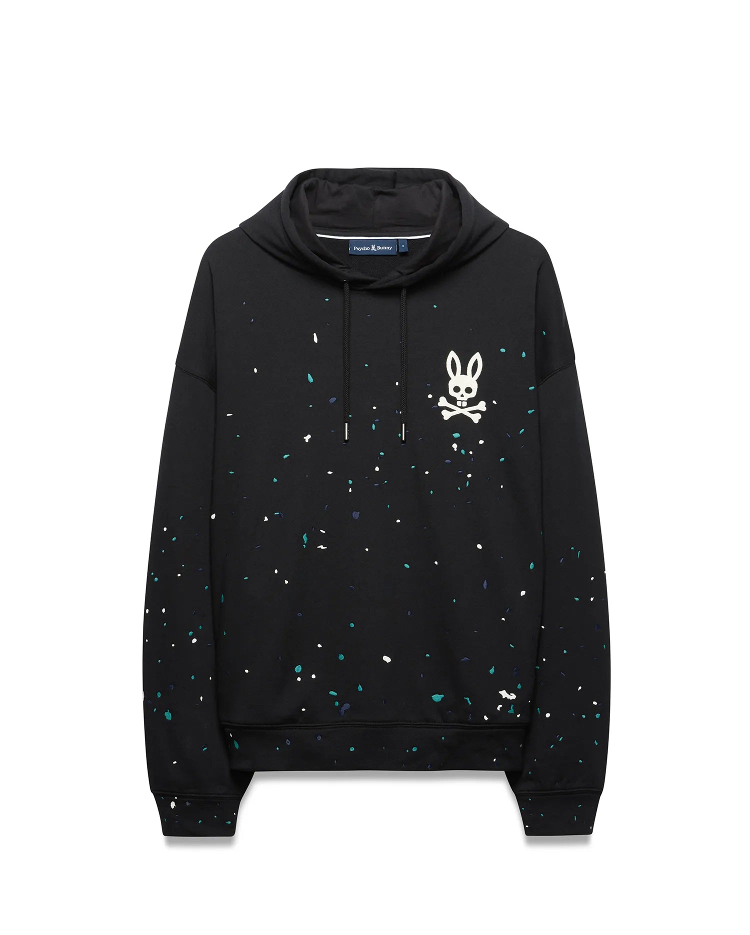Mens Malcom Splatter Hoodie, black relaxed fit French terry hoodie with a vibrant teal, white, and dark blue splatter print, featuring a large white Psycho Bunny skull logo on the left chest and drawstring hood.