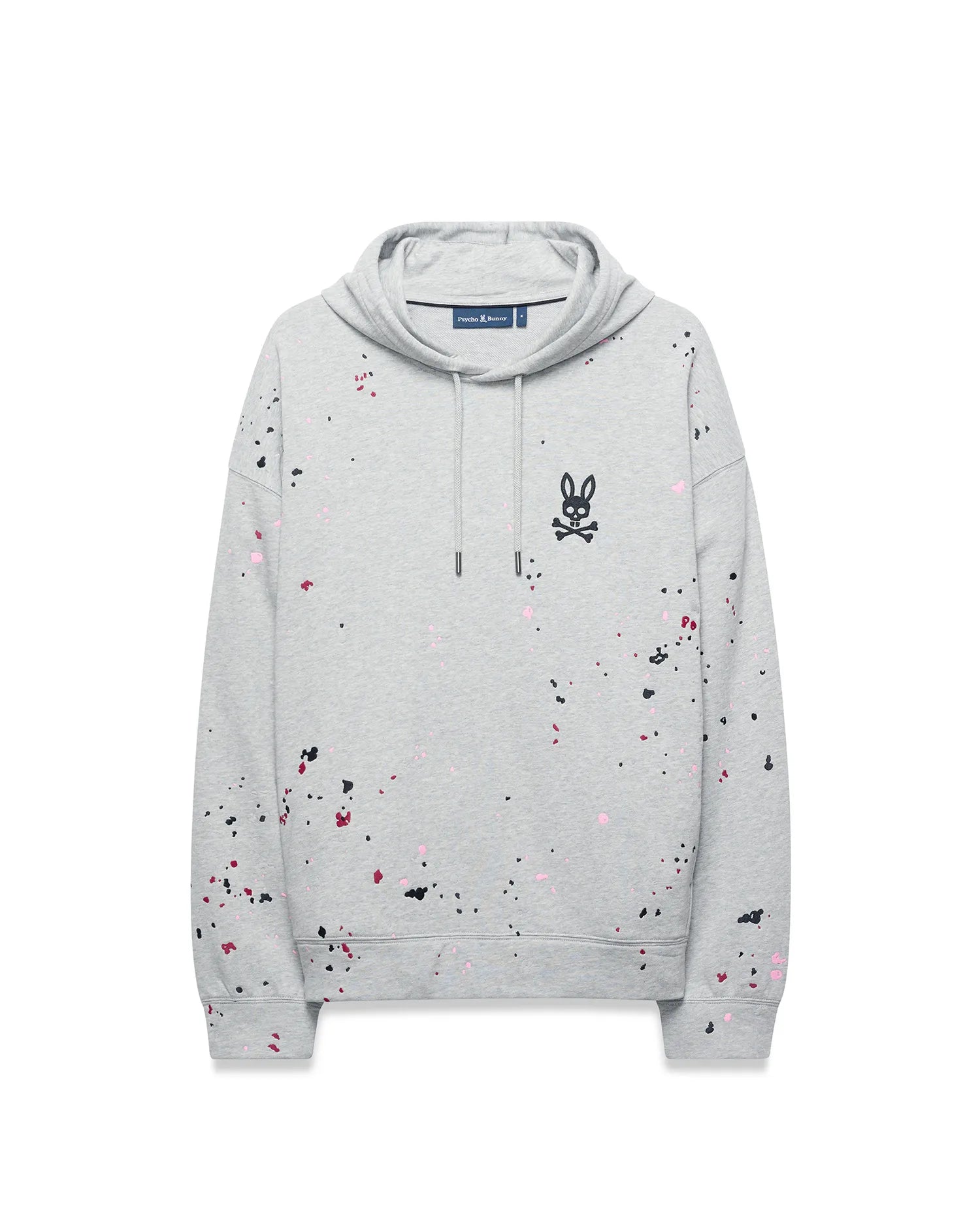 Mens Malcom Splatter Hoodie, a grey relaxed fit French terry hoodie with black, pink, and red splatter paint, featuring an embroidered black Psycho Bunny skull logo on the left chest.