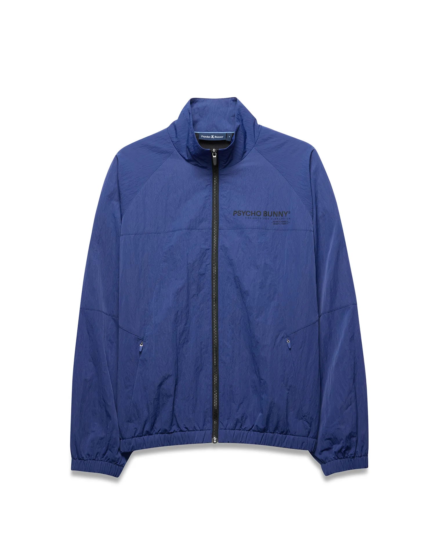 Mens Alder Nylon Jacket, a royal blue full-zip jacket with a crinkled texture, features a stand collar, elastic cuffs/hem, zippered pockets, and a large black PSYCHO BUNNY® DESIGNED FOR DISRUPTION text logo on the chest. (5)