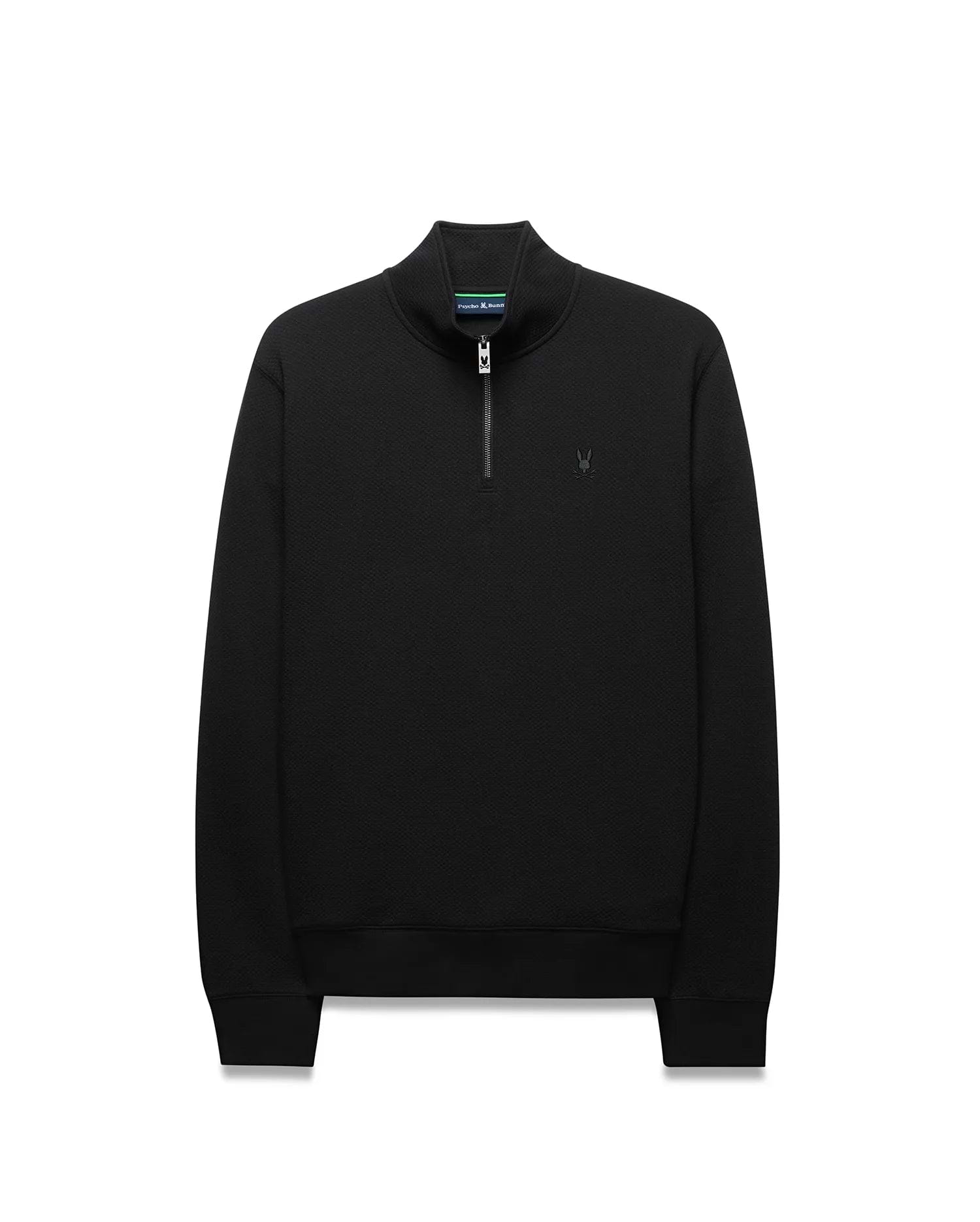 Black Mens Marc Textured 1/4 Zip, a classic fit pullover with a subtle geometric textured knit, silver quarter-zip, and an embroidered black Psycho Bunny skull logo on the left chest.