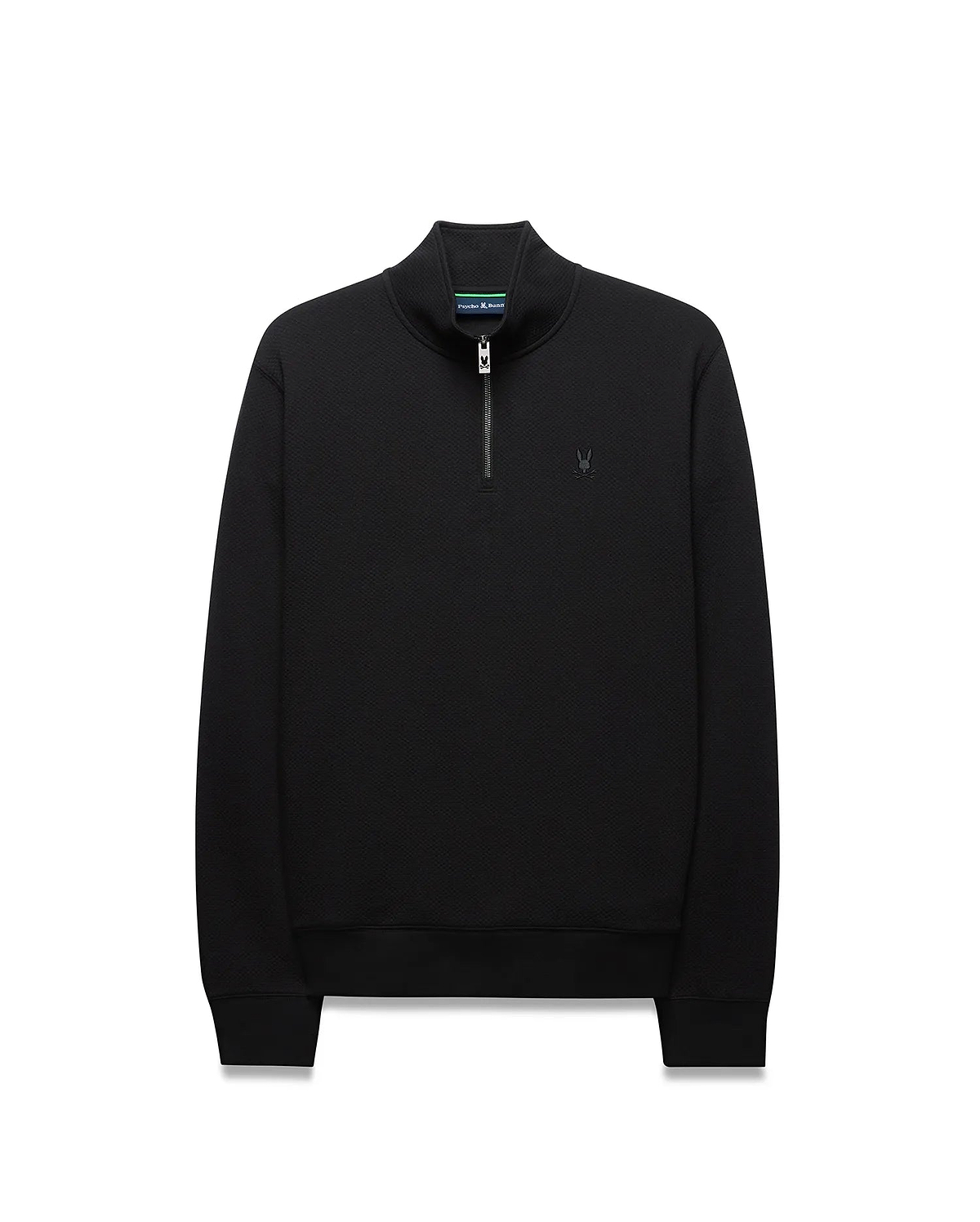 Black Mens Marc Textured 1/4 Zip, a classic fit pullover with a subtle geometric textured knit, silver quarter-zip, and an embroidered black Psycho Bunny skull logo on the left chest.