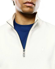 Cream Mens Marc Textured 1/4 Zip with a subtle diamond knit, royal blue undershirt, silver Psycho Bunny logo zipper pull, and small embroidered bunny skull on the left chest.