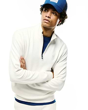 Mens Marc Textured 1/4 Zip in cream, featuring a classic fit, textured waffle knit fabric, a silver 1/4 zip closure with a dark Psycho Bunny logo pull, and a tonal embroidered left chest logo.