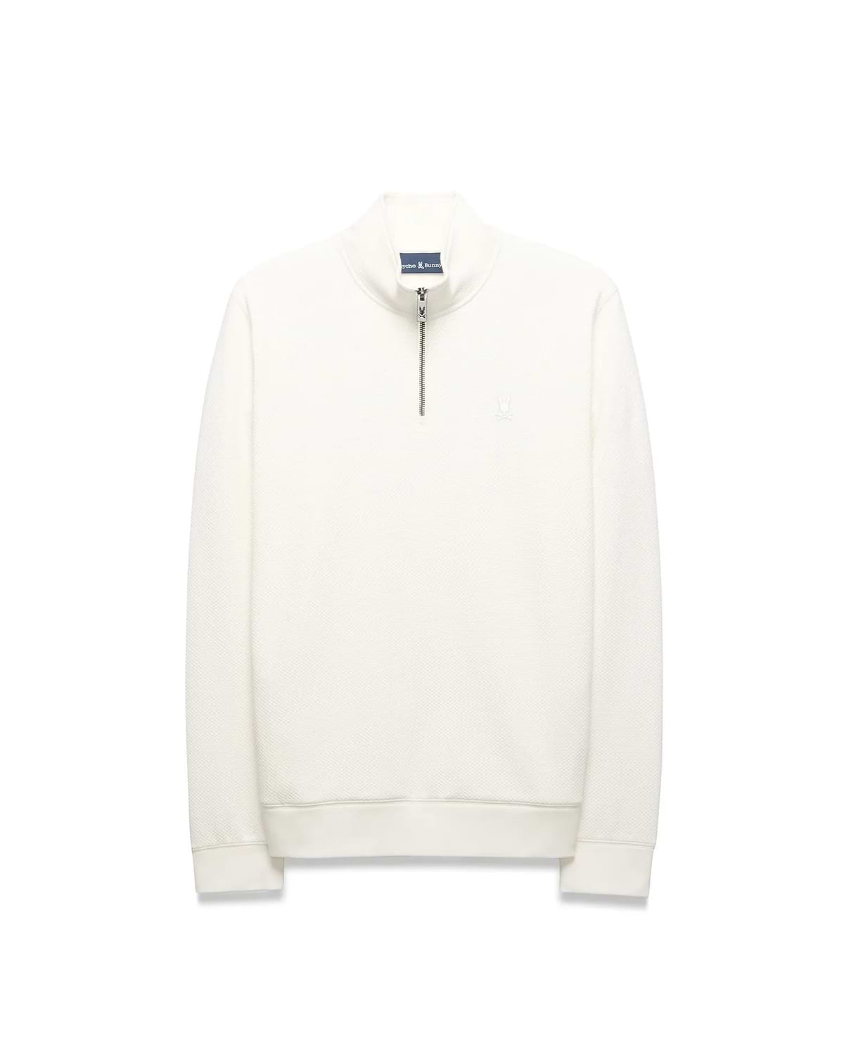 Mens Marc Textured 1/4 Zip in cream, a classic fit pullover with a subtle textured knit, silver quarter-zip, and a tonal embroidered Psycho Bunny skull logo on the left chest.