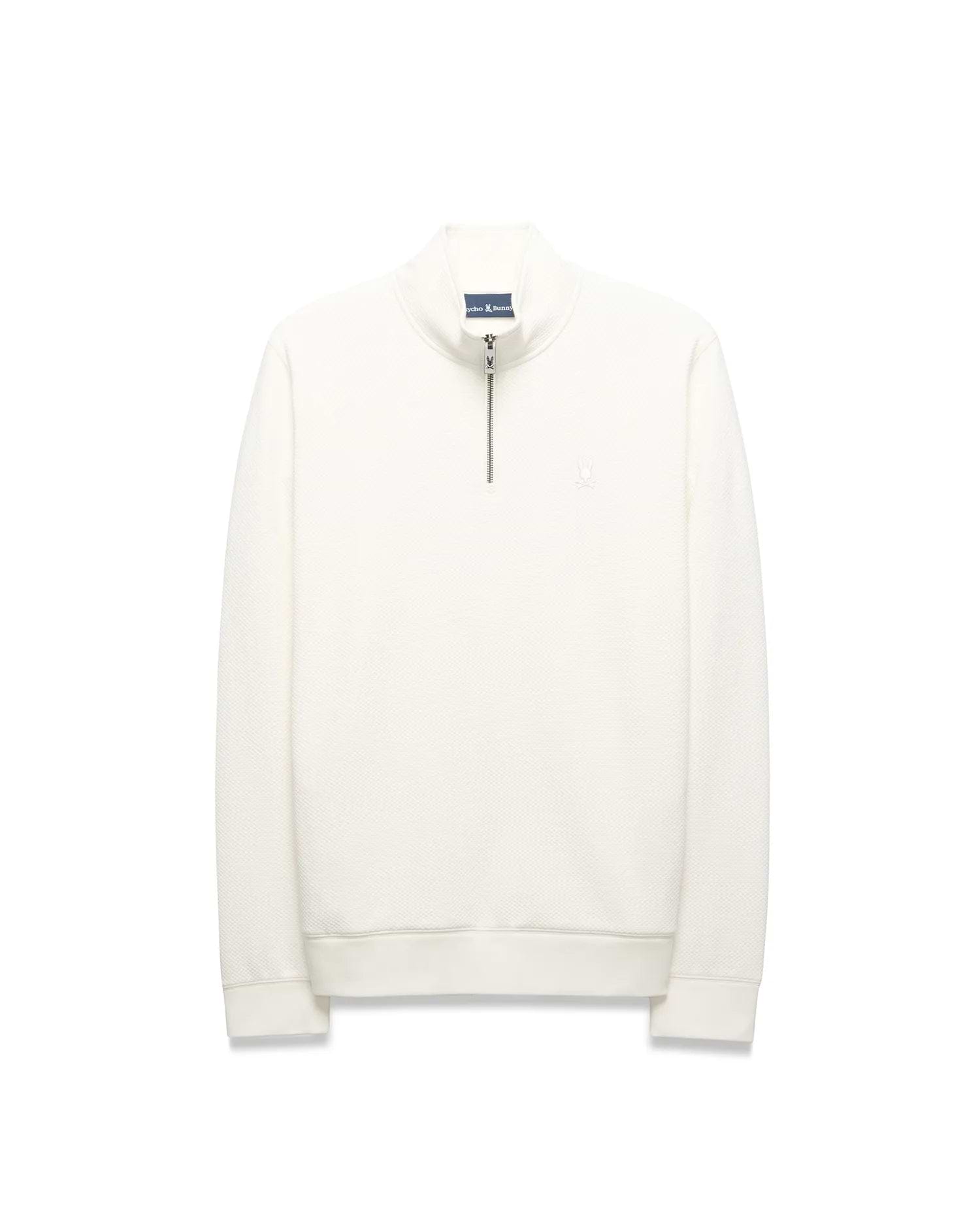 Mens Marc Textured 1/4 Zip in cream, a classic fit pullover with a subtle textured knit, silver quarter-zip, and a tonal embroidered Psycho Bunny skull logo on the left chest.